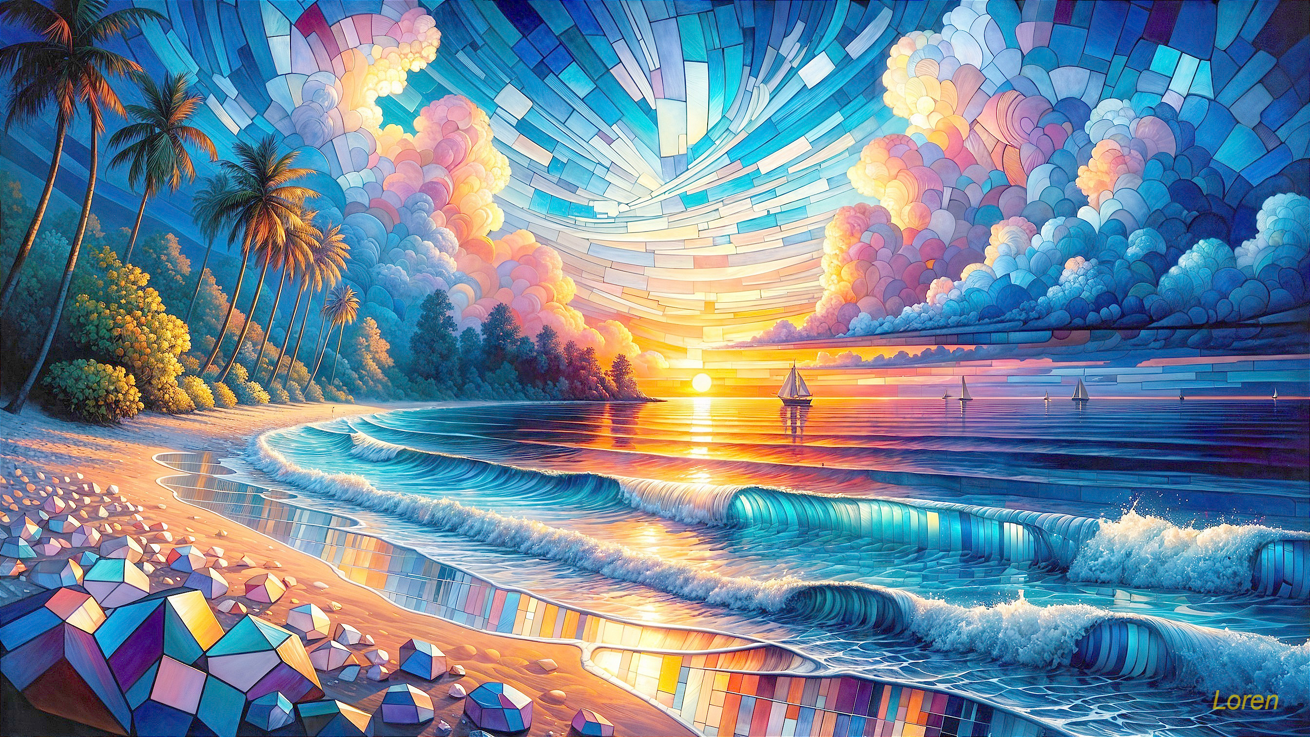 Vibrant Beach Sunset with Palm Trees and Sailboat