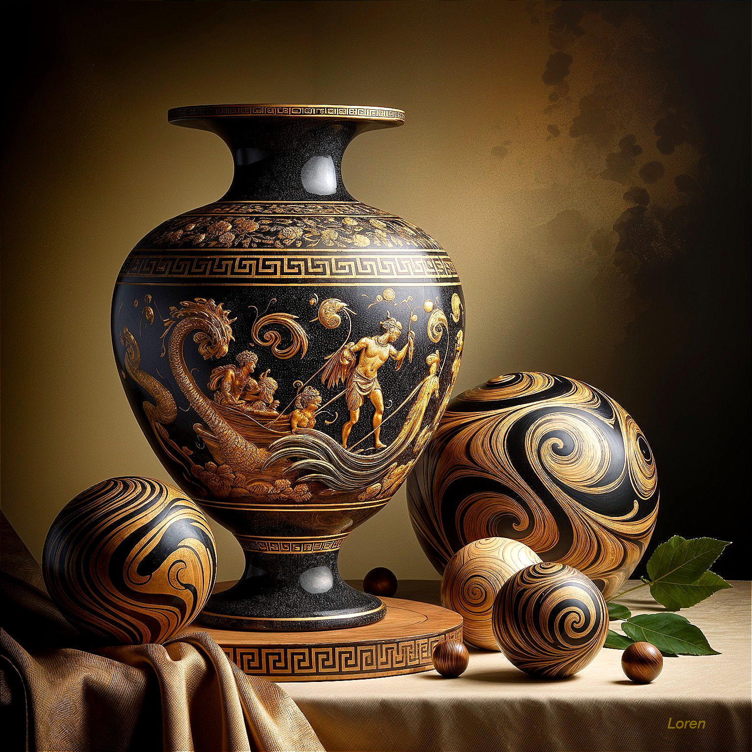 Ceramic Vase with Golden Motifs and Spherical Ornaments