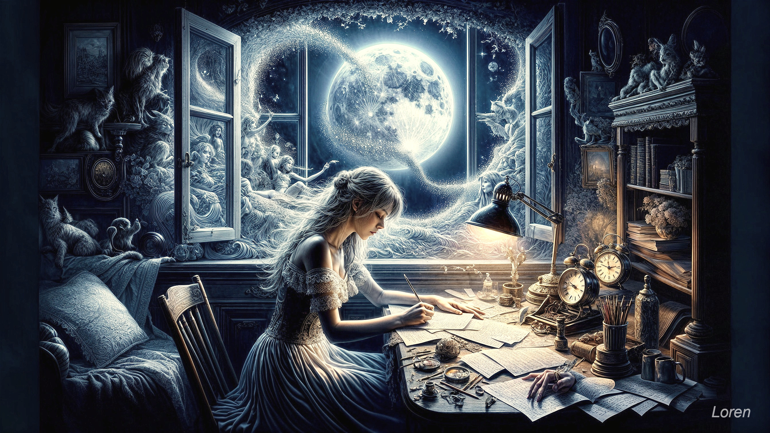 Whimsical Room with Moonlight and Ethereal Figures