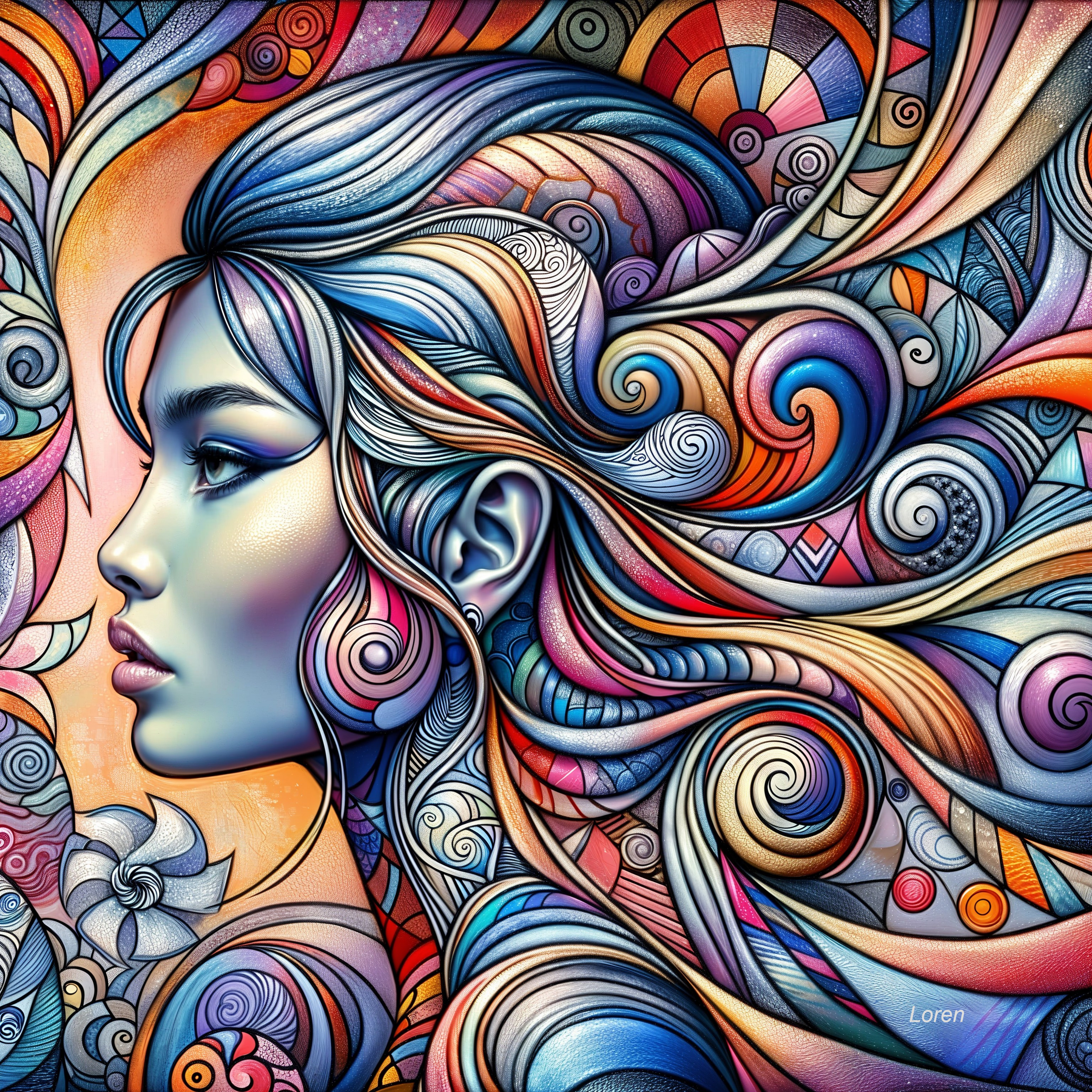 Stylized profile of a woman with vibrant colors and patterns