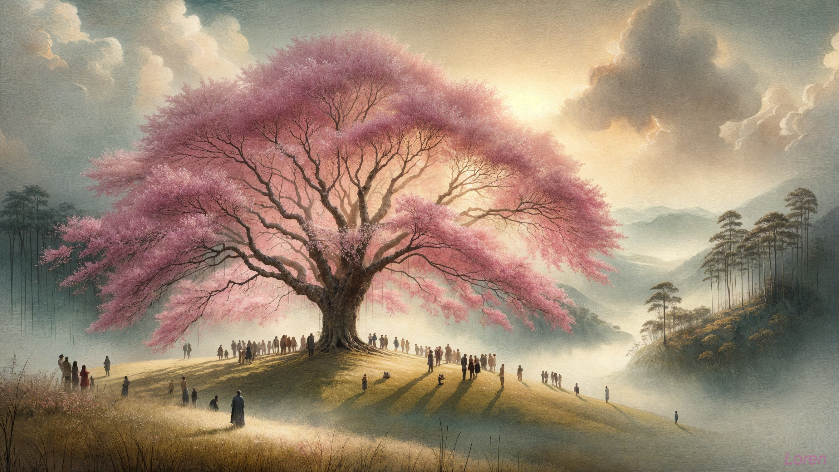 Majestic Pink Tree on Grassy Hill with Blossoms