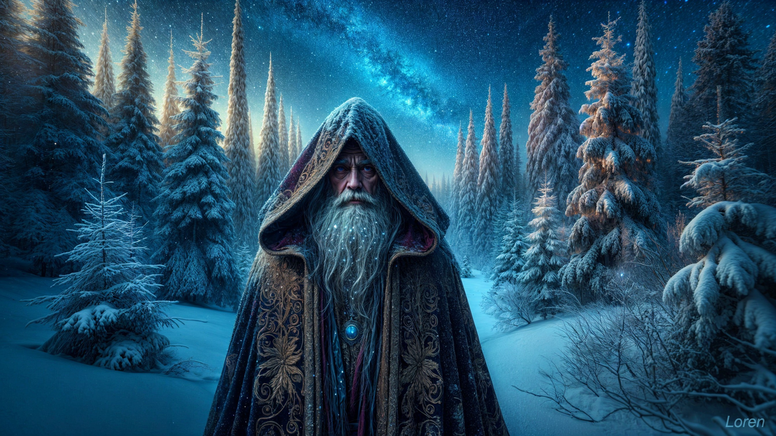 Mystical Figure in Serene Winter Landscape with Stars