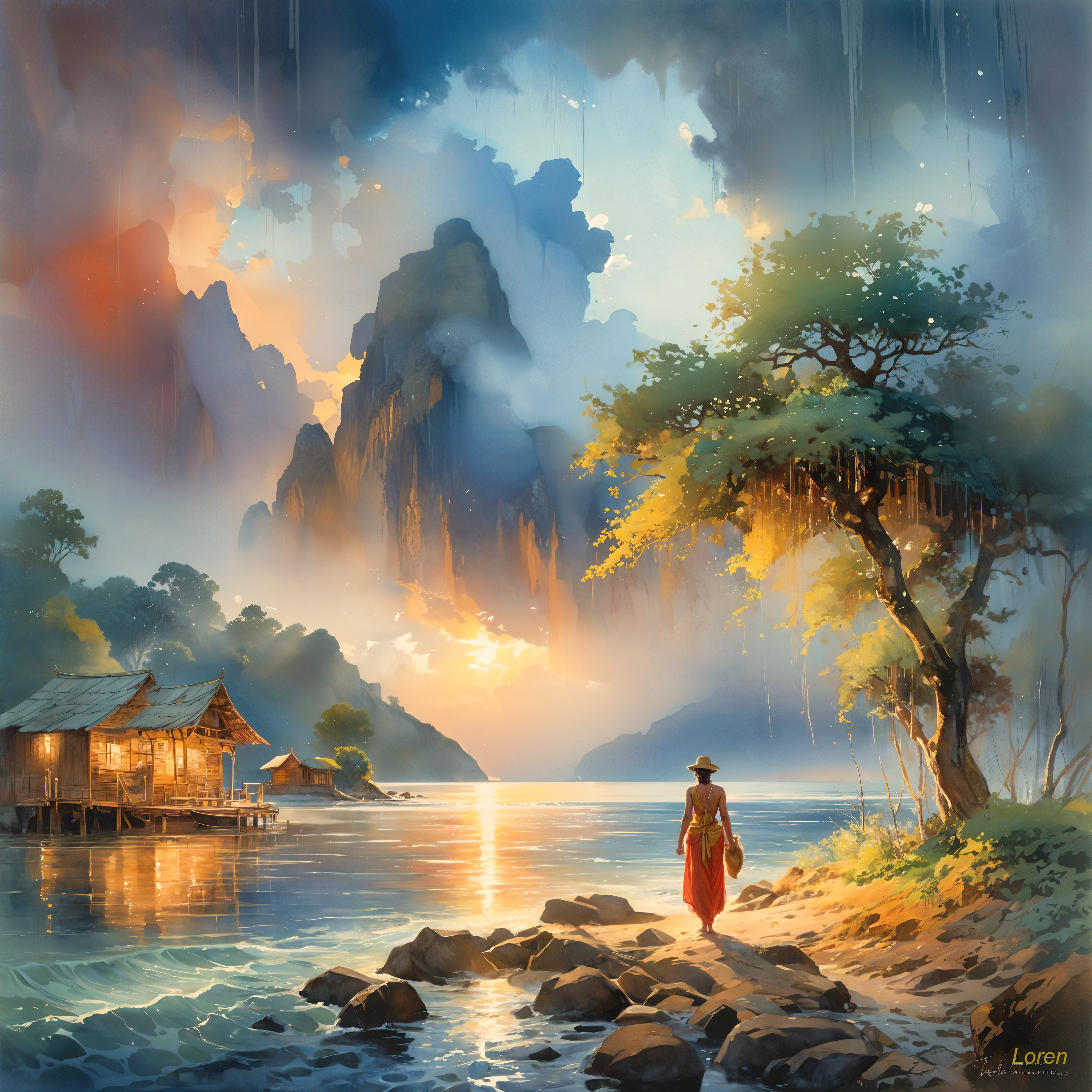 Tranquil Waterway at Dusk with Wooden Houses and Mountains