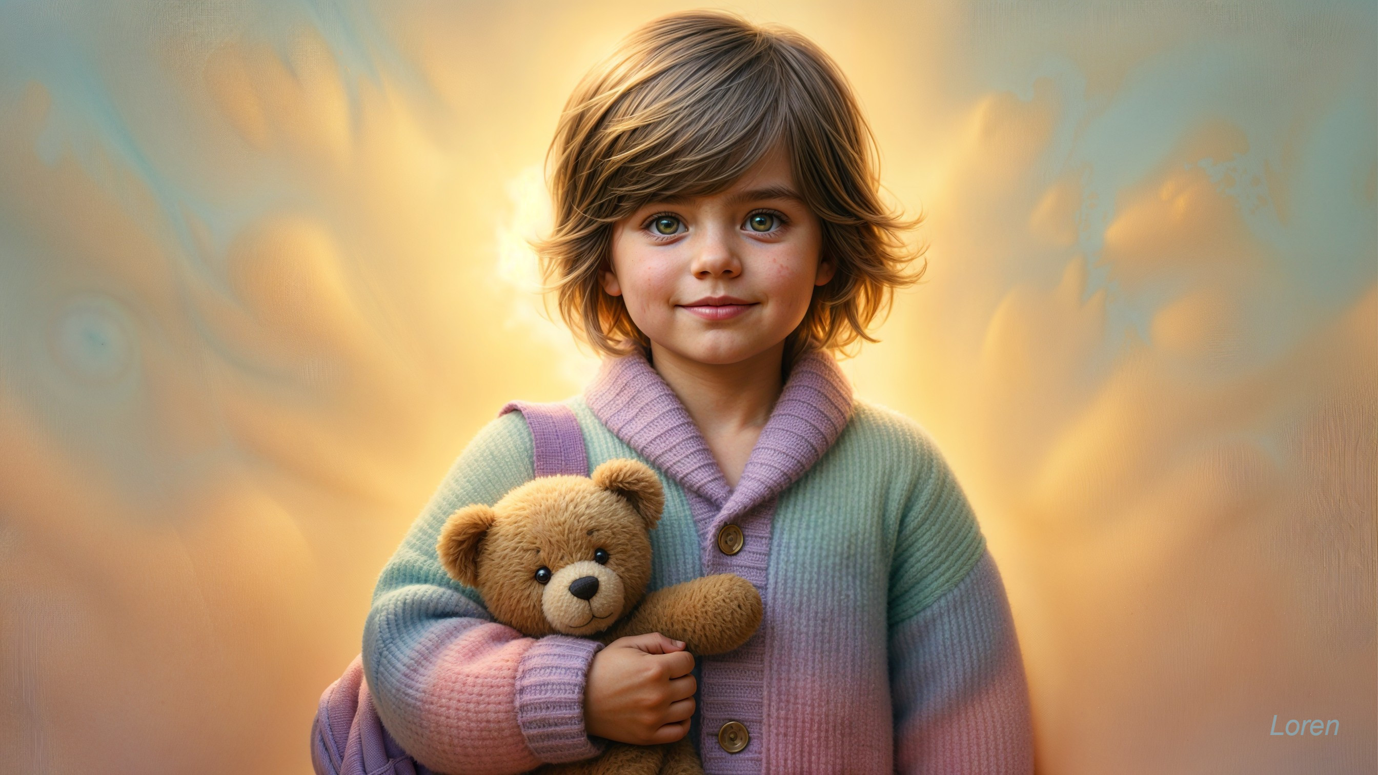 Young child with teddy bear in pastel sweater