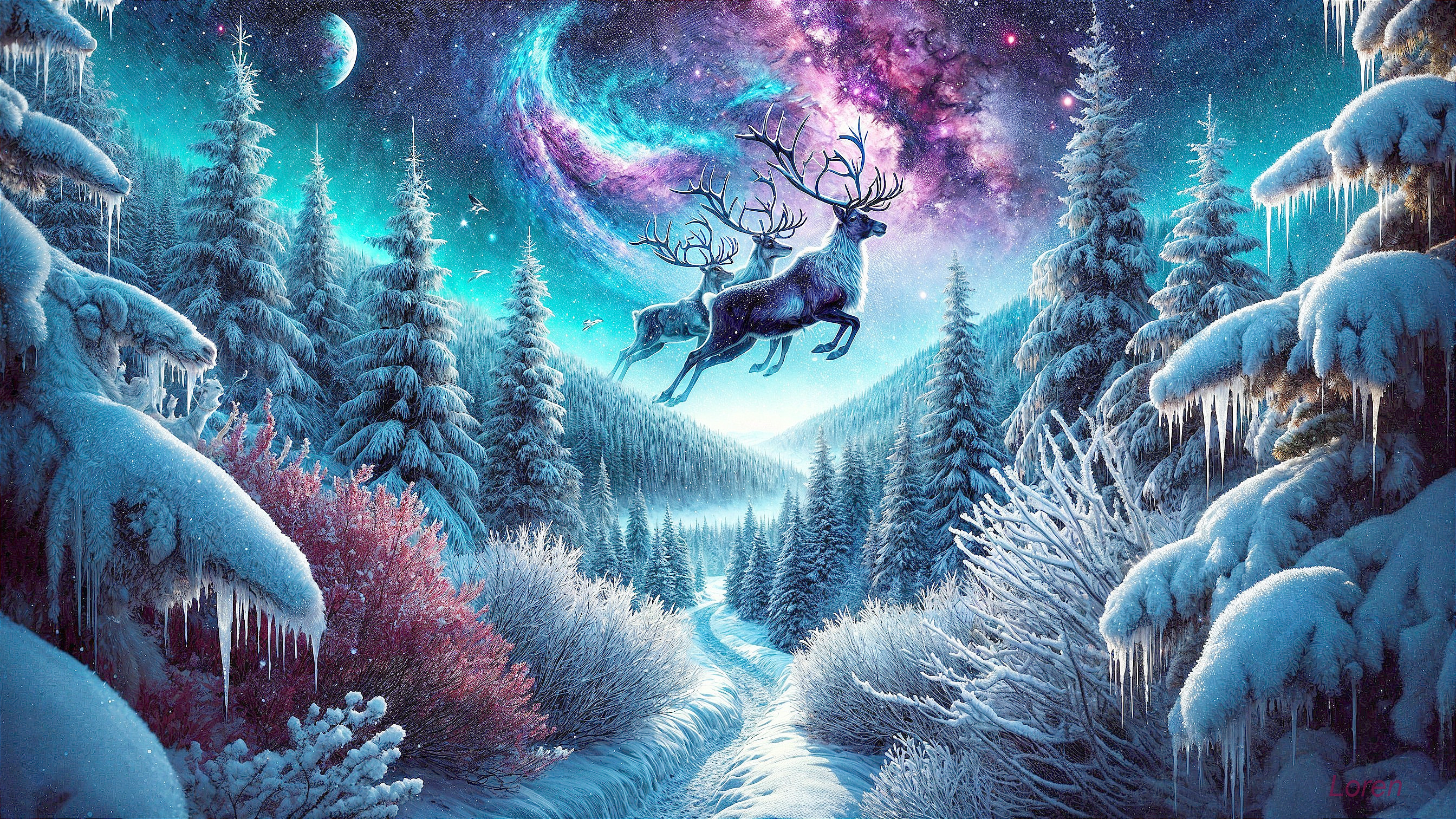 Fantastical Winter Landscape with Reindeer and Galaxy