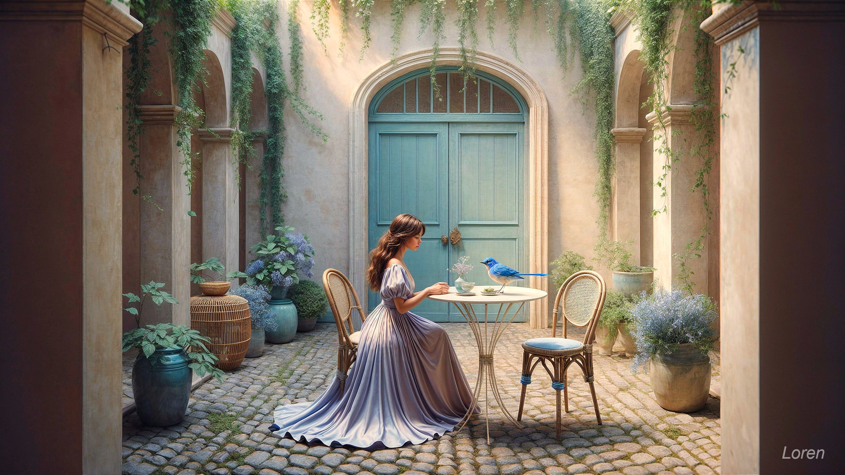 Serene courtyard scene with woman and bluebird