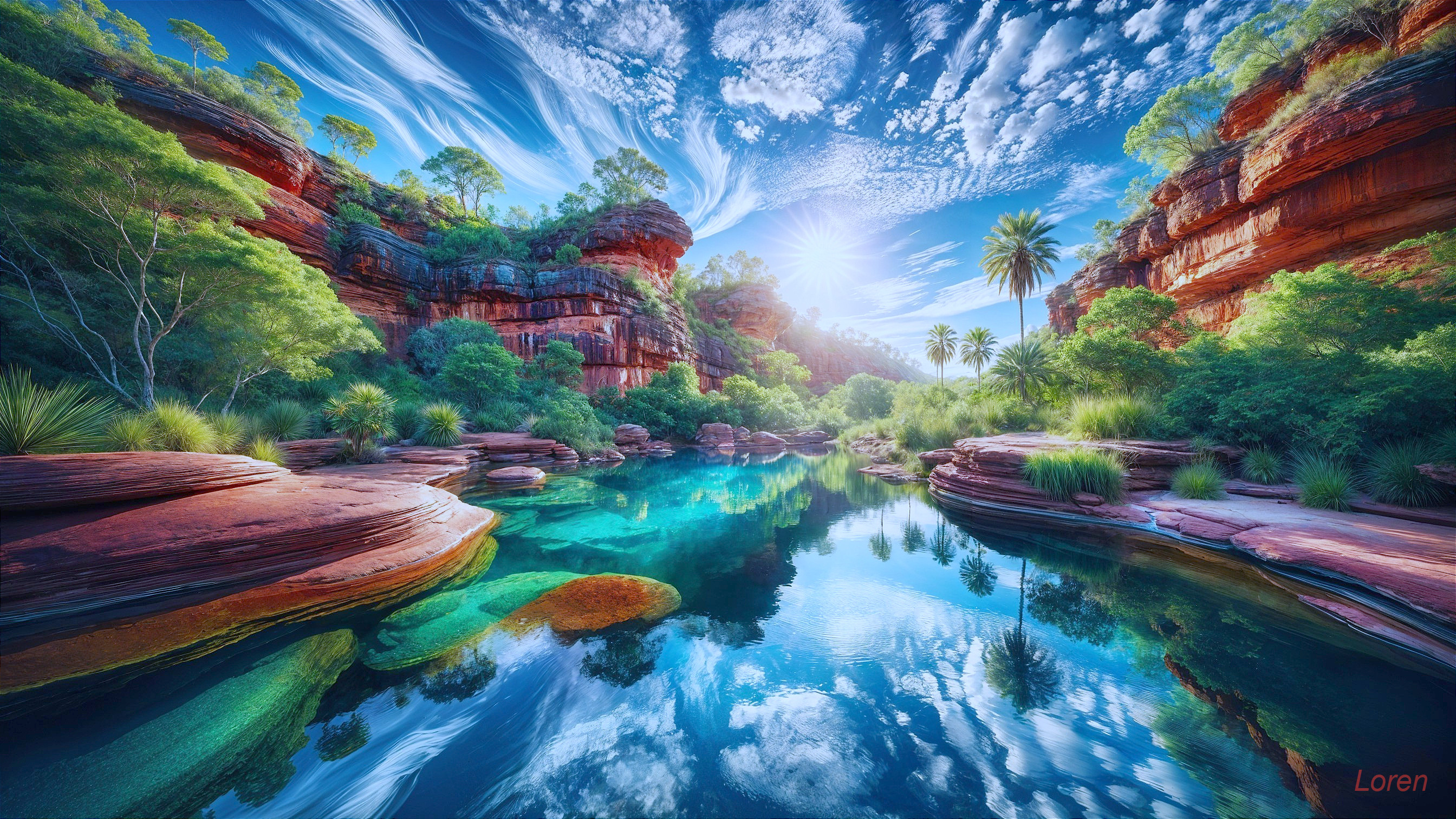 Vibrant Red Cliffs and Lush Greenery Landscape
