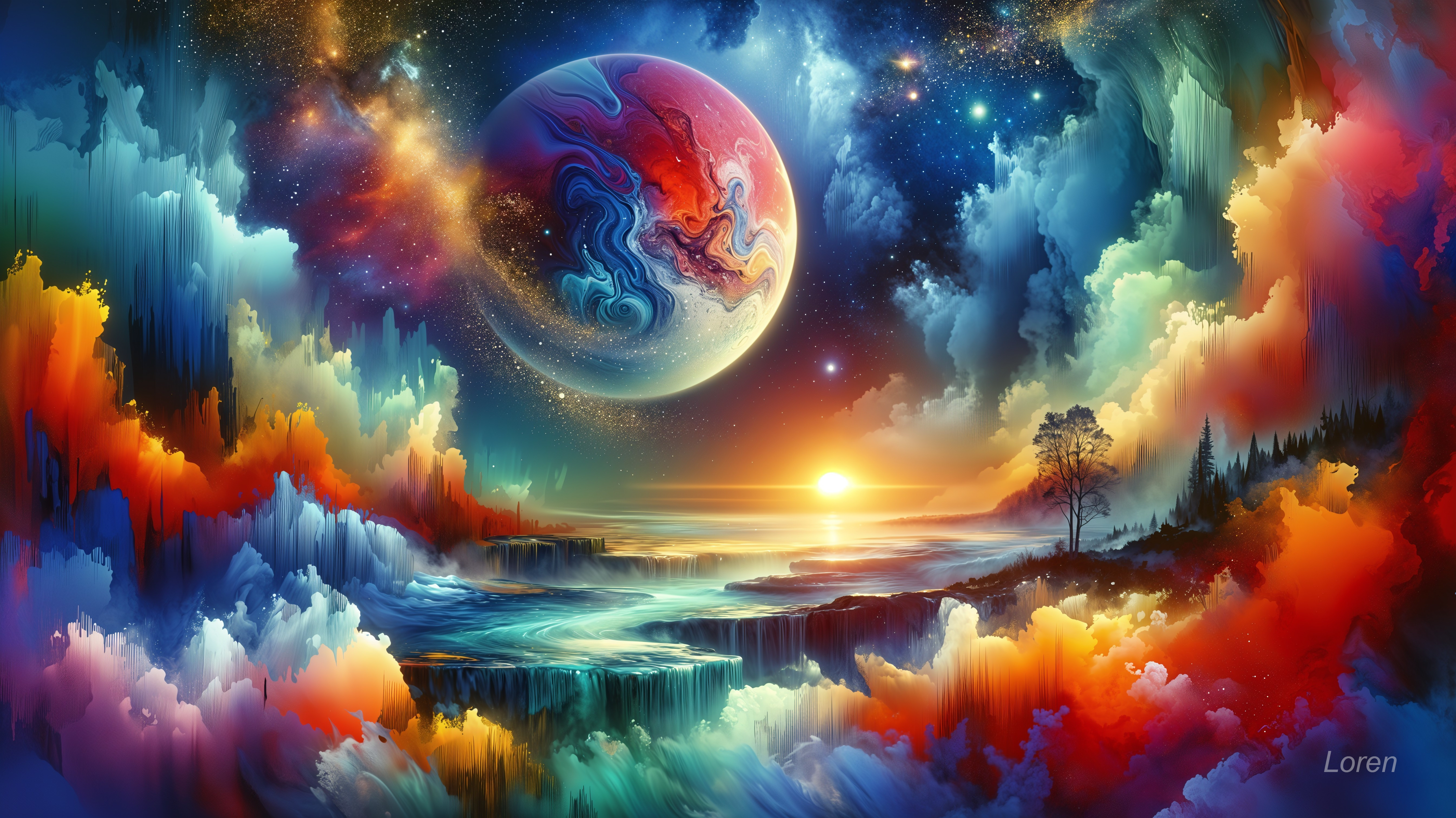Vibrant Cosmic Landscape with Colorful Planet and Ocean