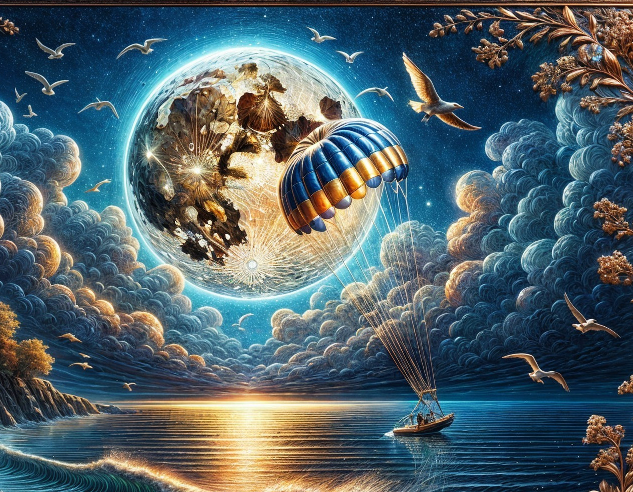 Surreal Scene with Oversized Moon and Dreamlike Landscape