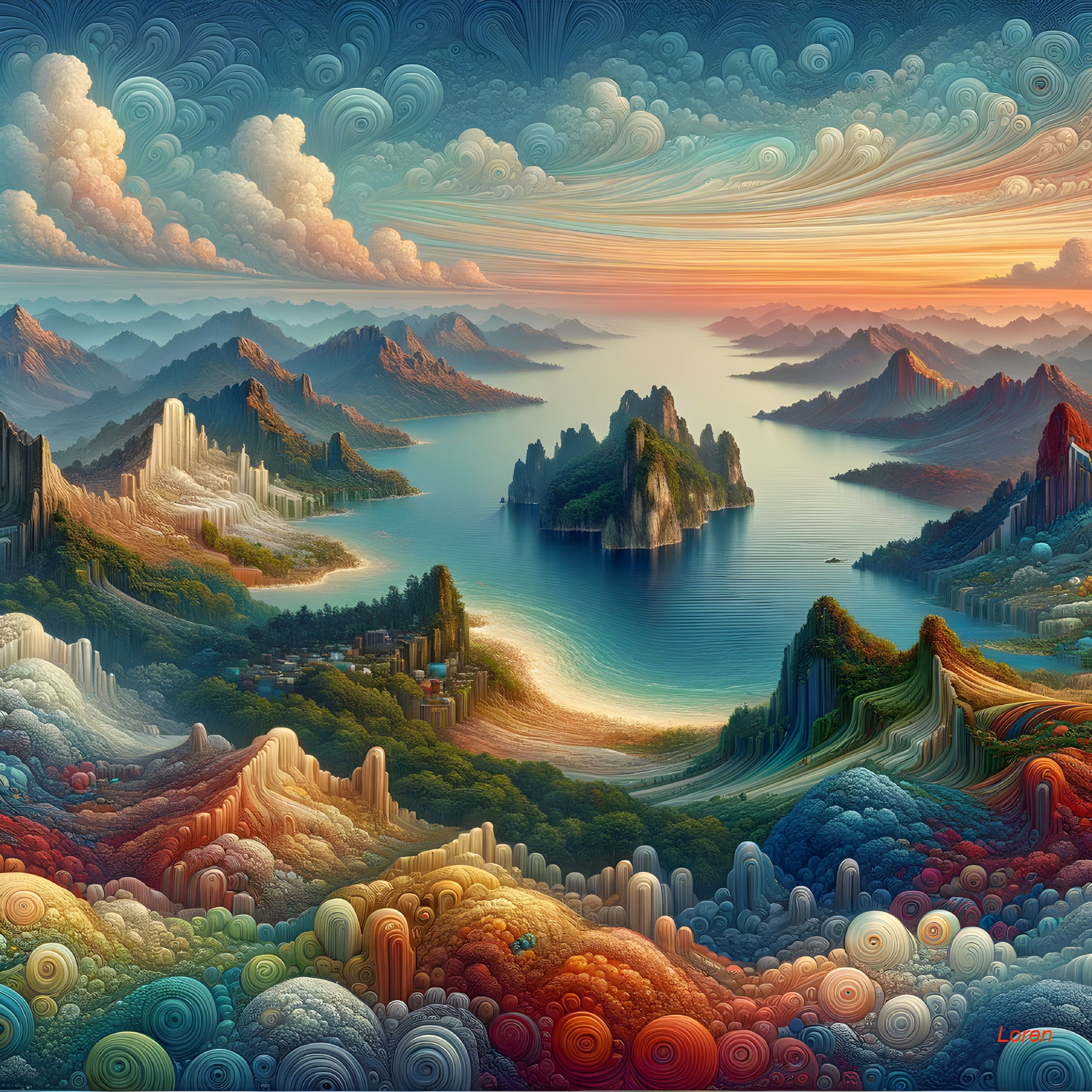 Vibrant Hills and Mountains Surrounding a Tranquil Lake
