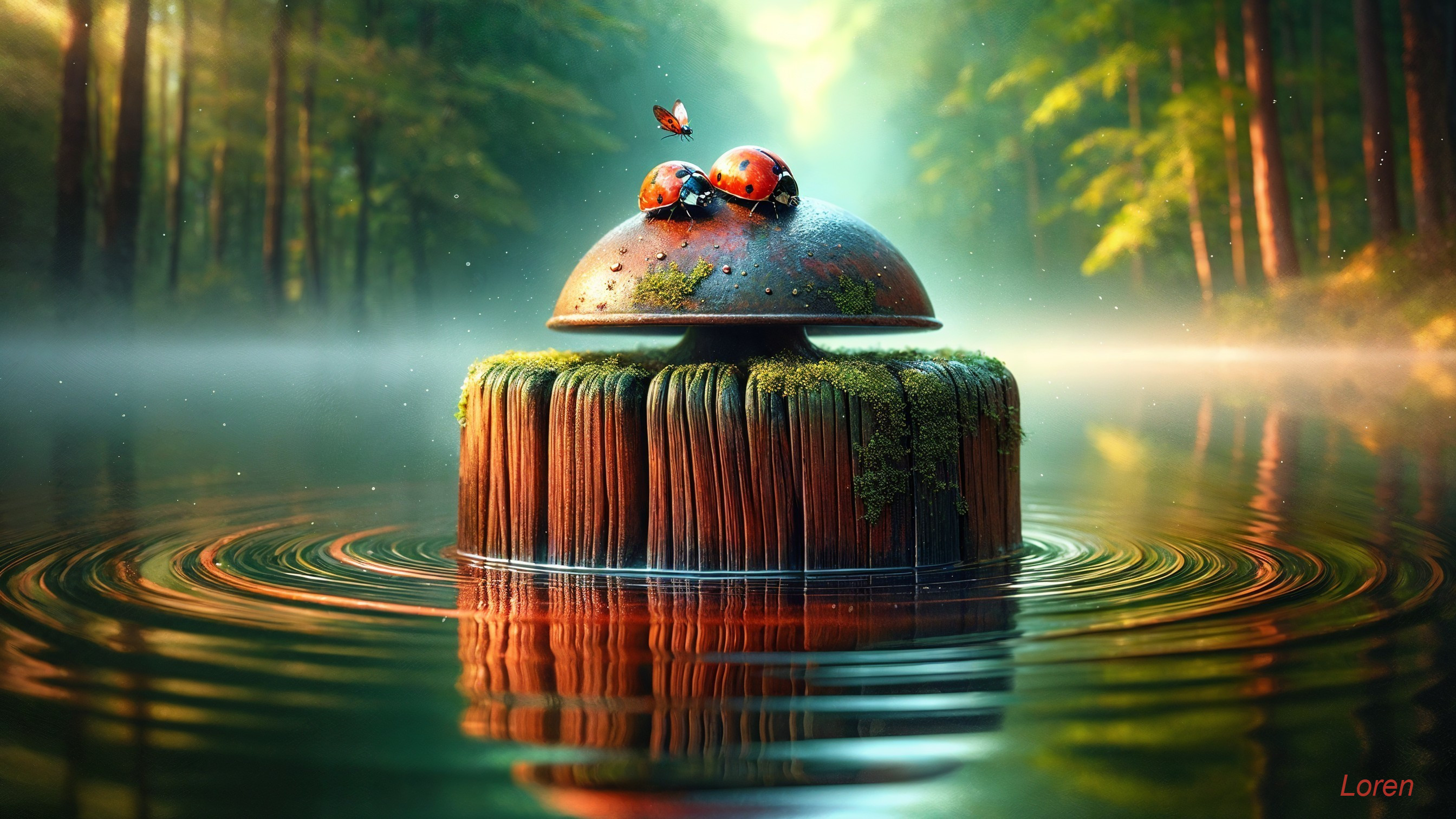 Tranquil Forest Scene with Ladybugs and Butterfly