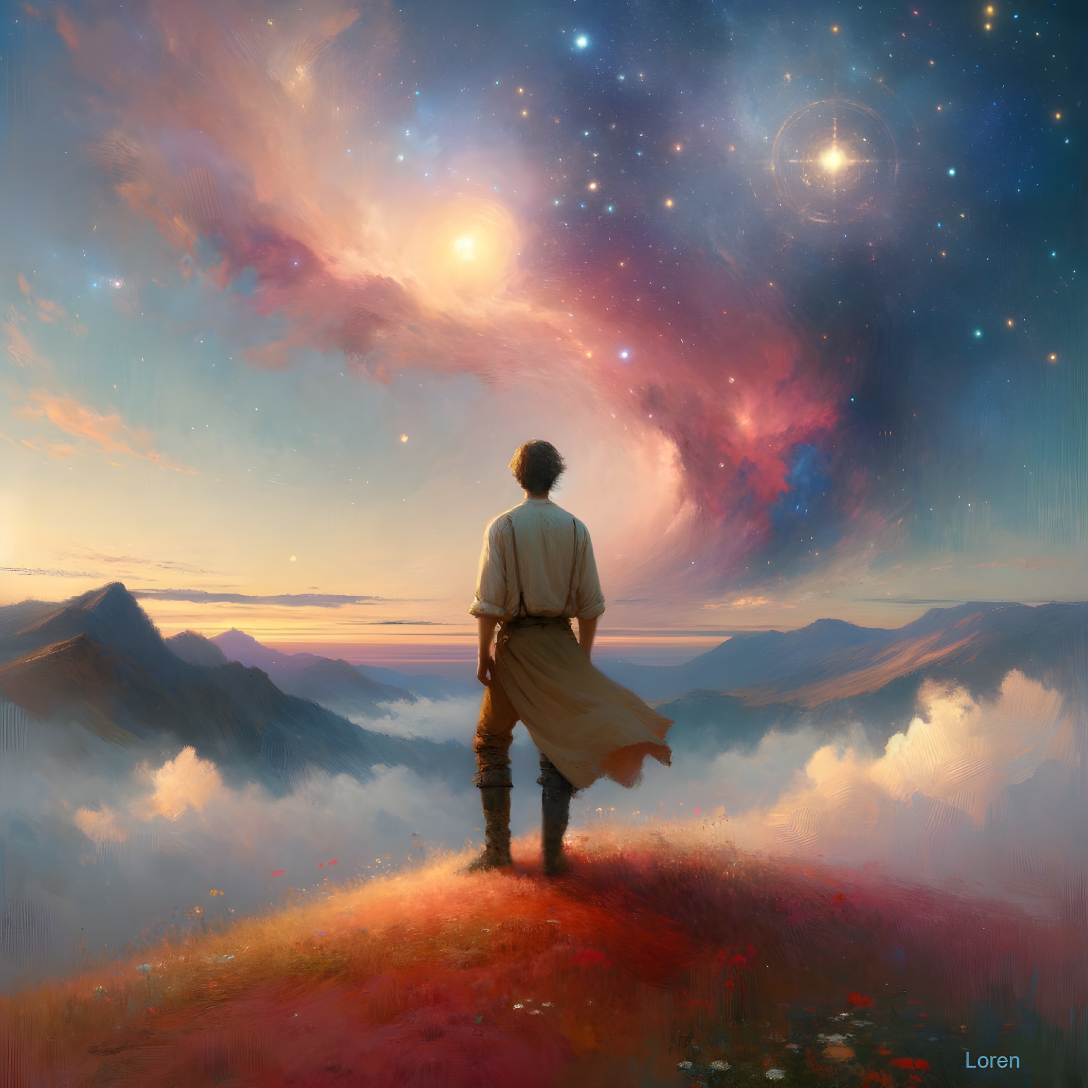 Cosmic Landscape with Figure on Hilltop at Sunset