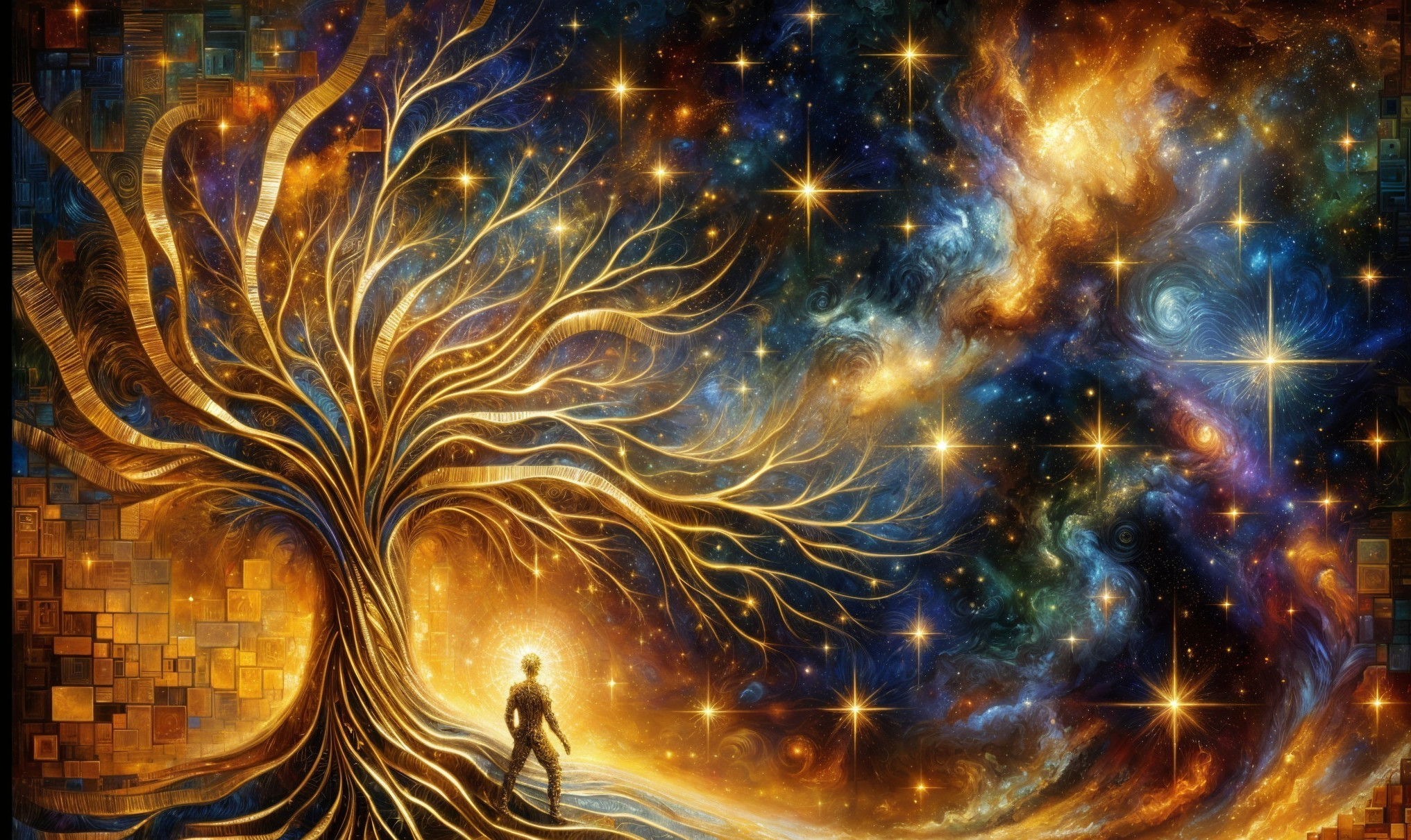 Majestic tree in vibrant cosmic landscape with galaxies