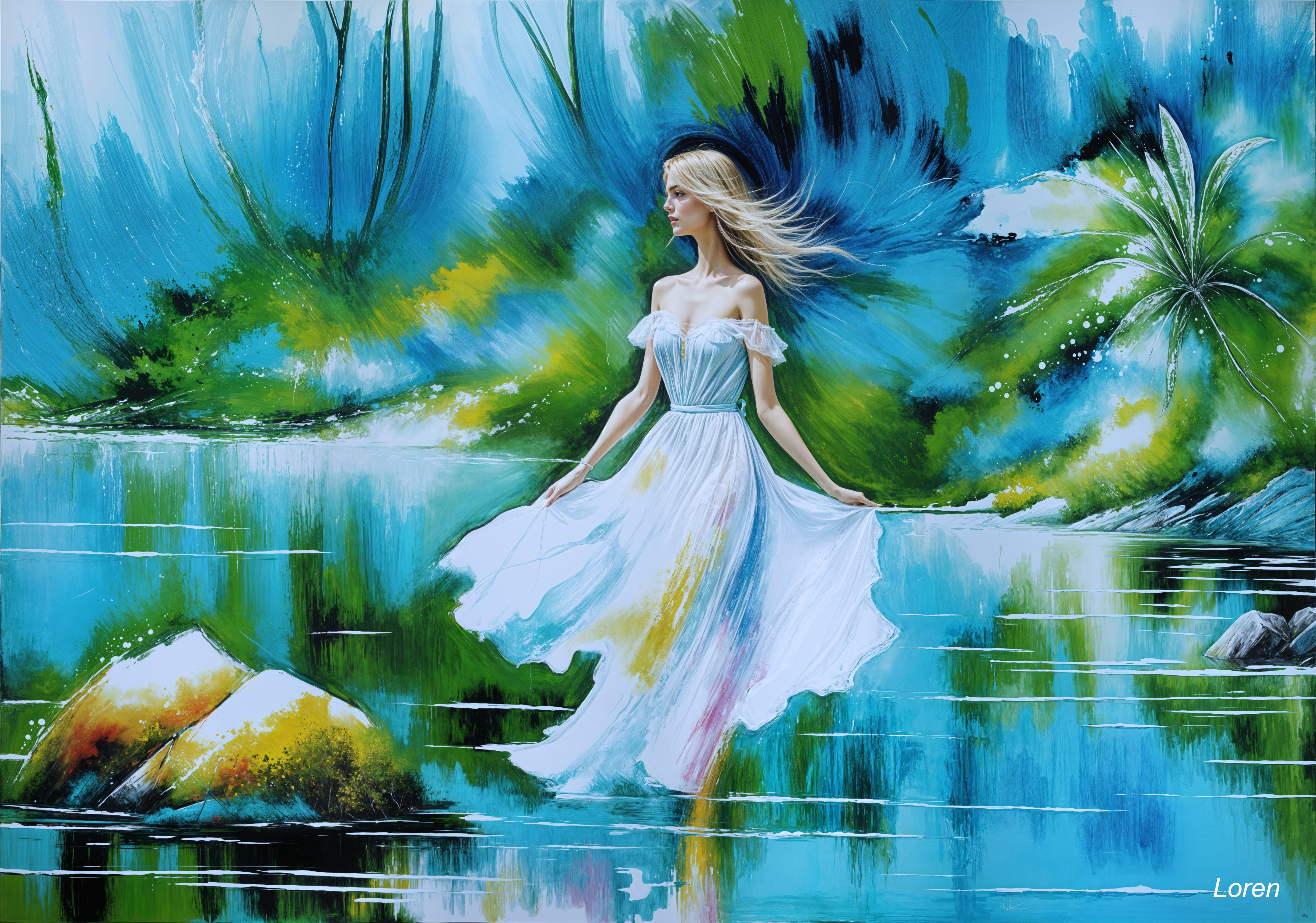 Serene Landscape with Woman in White Dress and Water