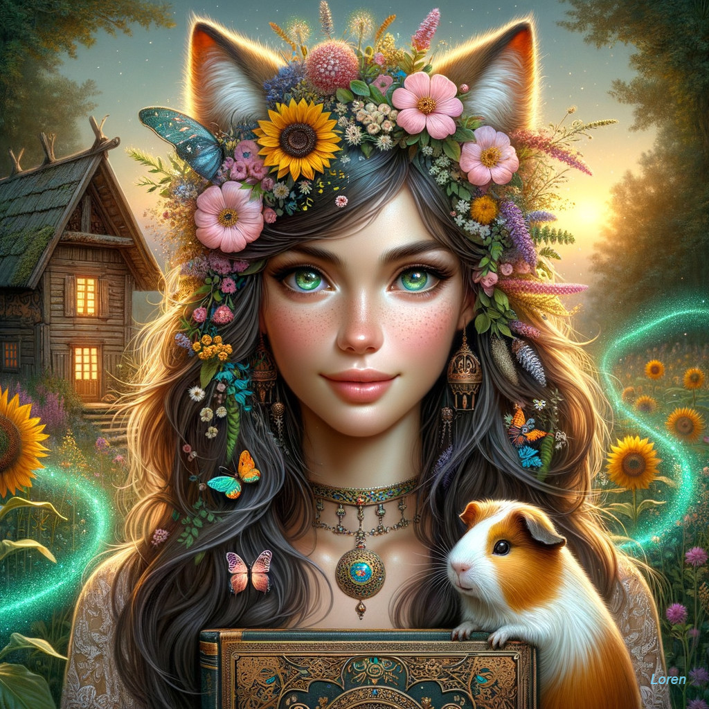 Whimsical Girl with Cat Ears in Fairy-Tale Setting