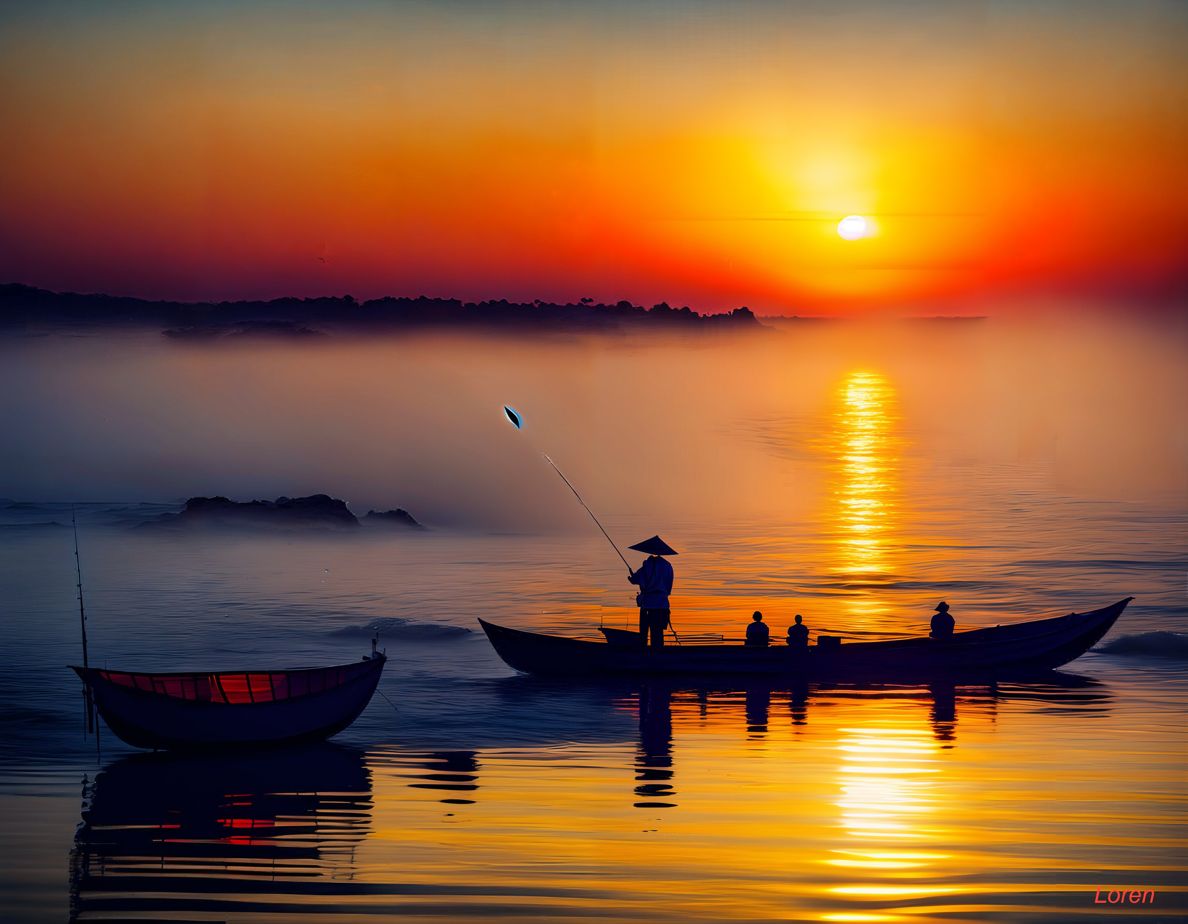 Serene sunset over tranquil water with fisherman silhouette
