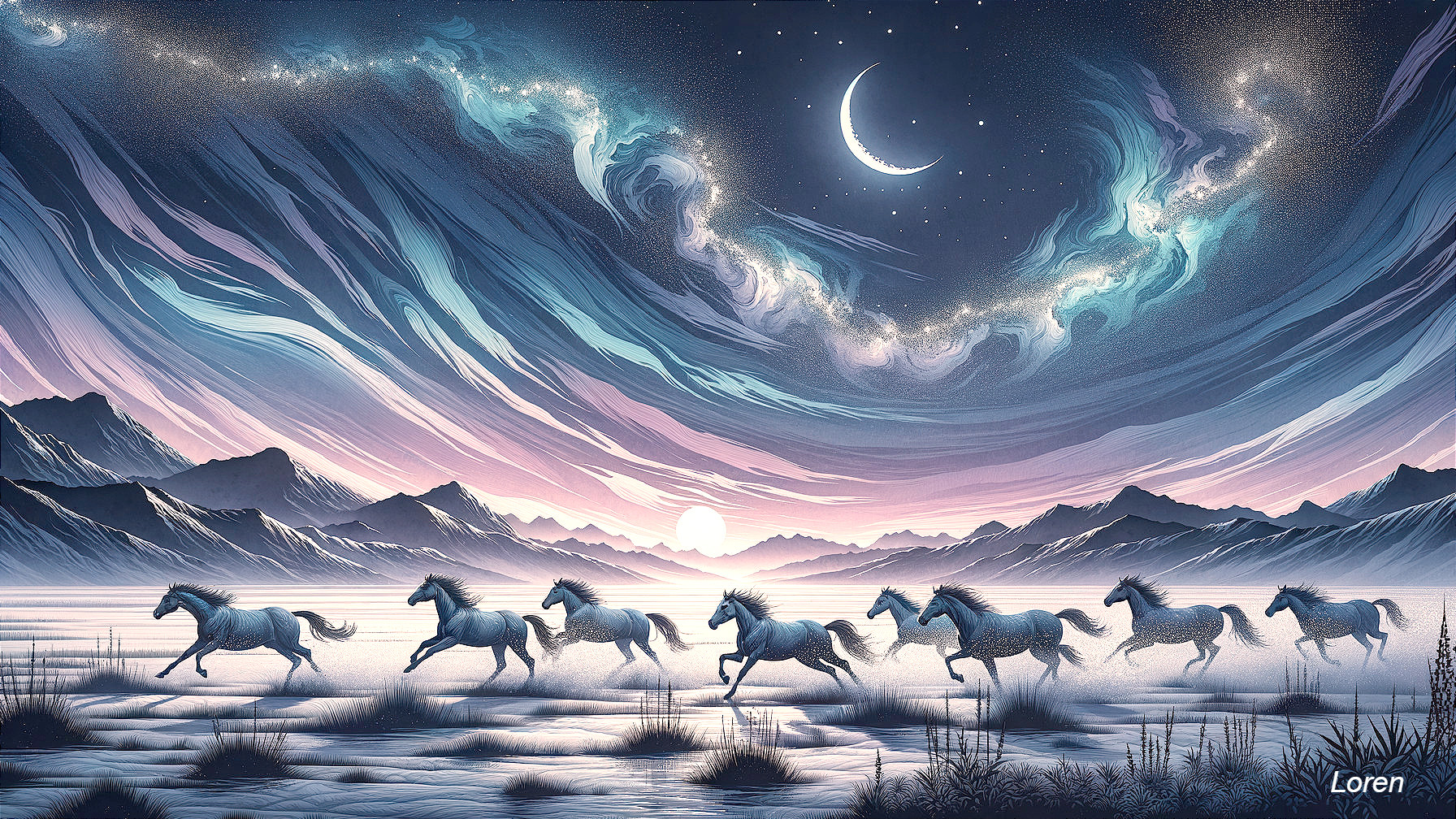 Twilight Landscape with Horses and Aurora Borealis