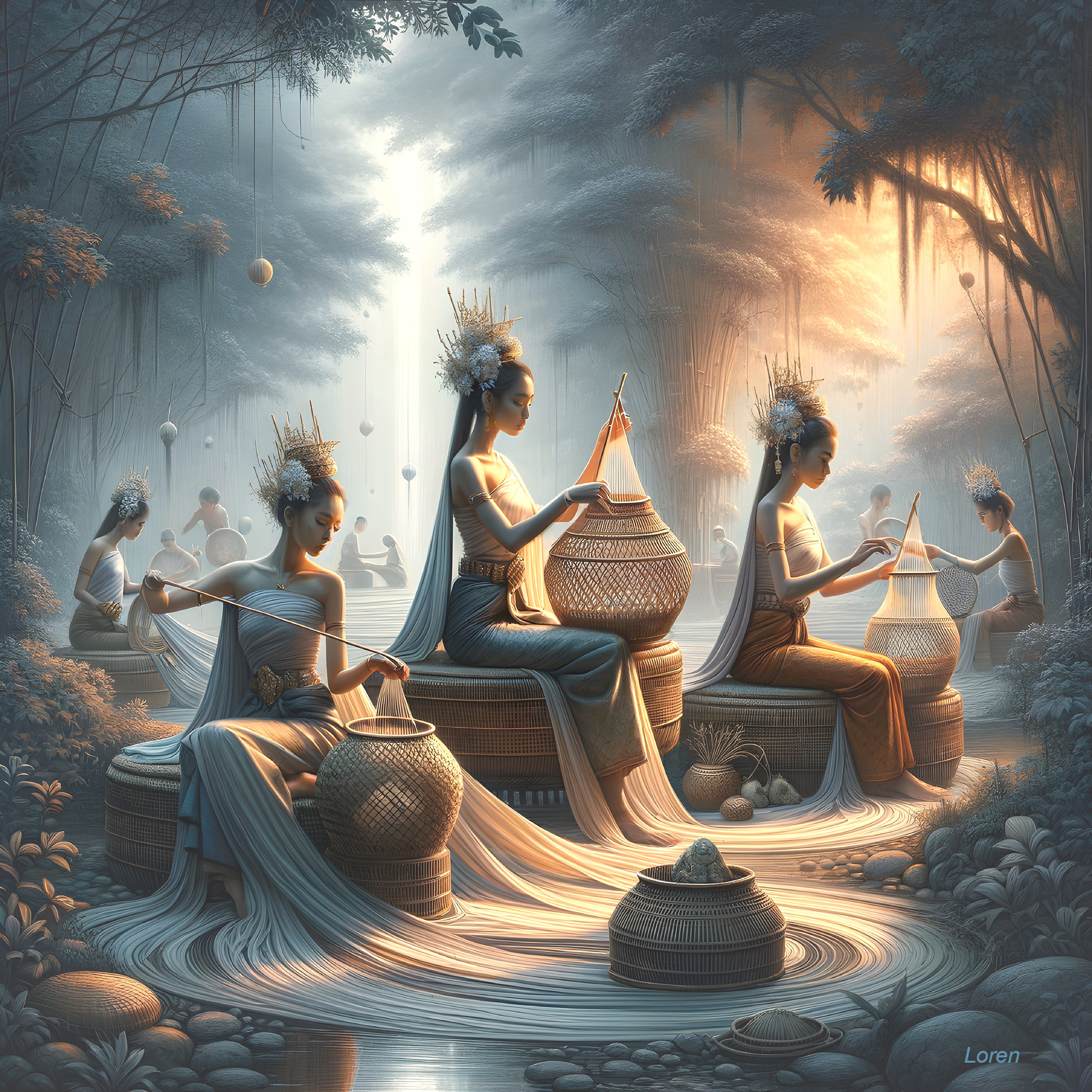Women Weaving Fabrics in Serene Twilight Setting