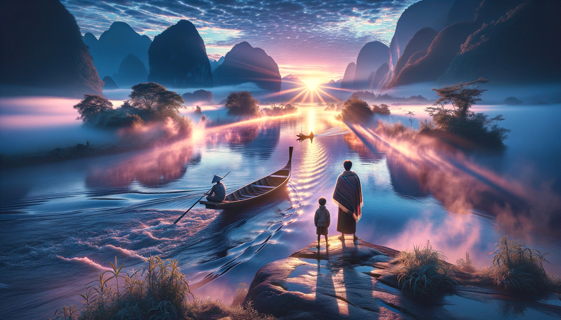 Serene River Landscape at Sunrise with Mist and Mountains