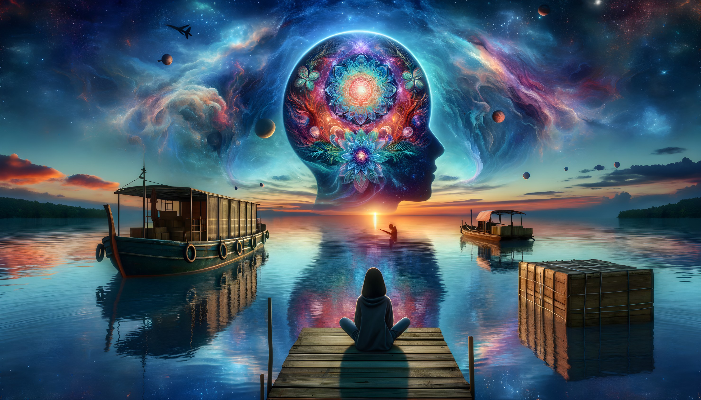 Twilight Scene of a Person by a Tranquil Lake