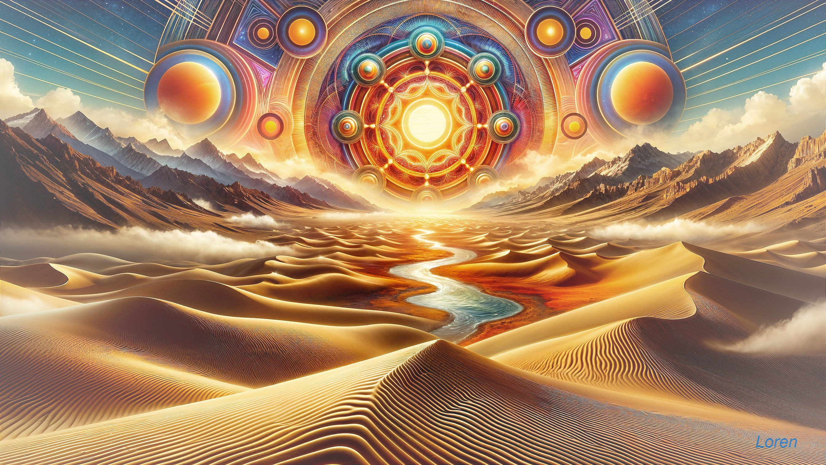 Surreal Landscape with Golden Dunes and Mandala Sun