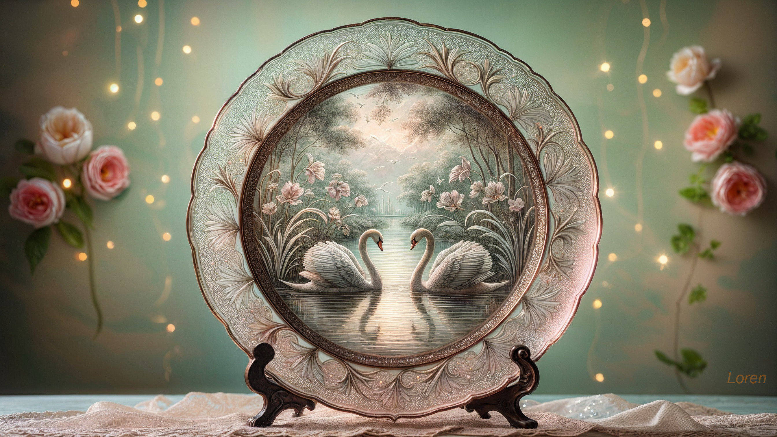 Decorative Plate with Swans and Floral Design