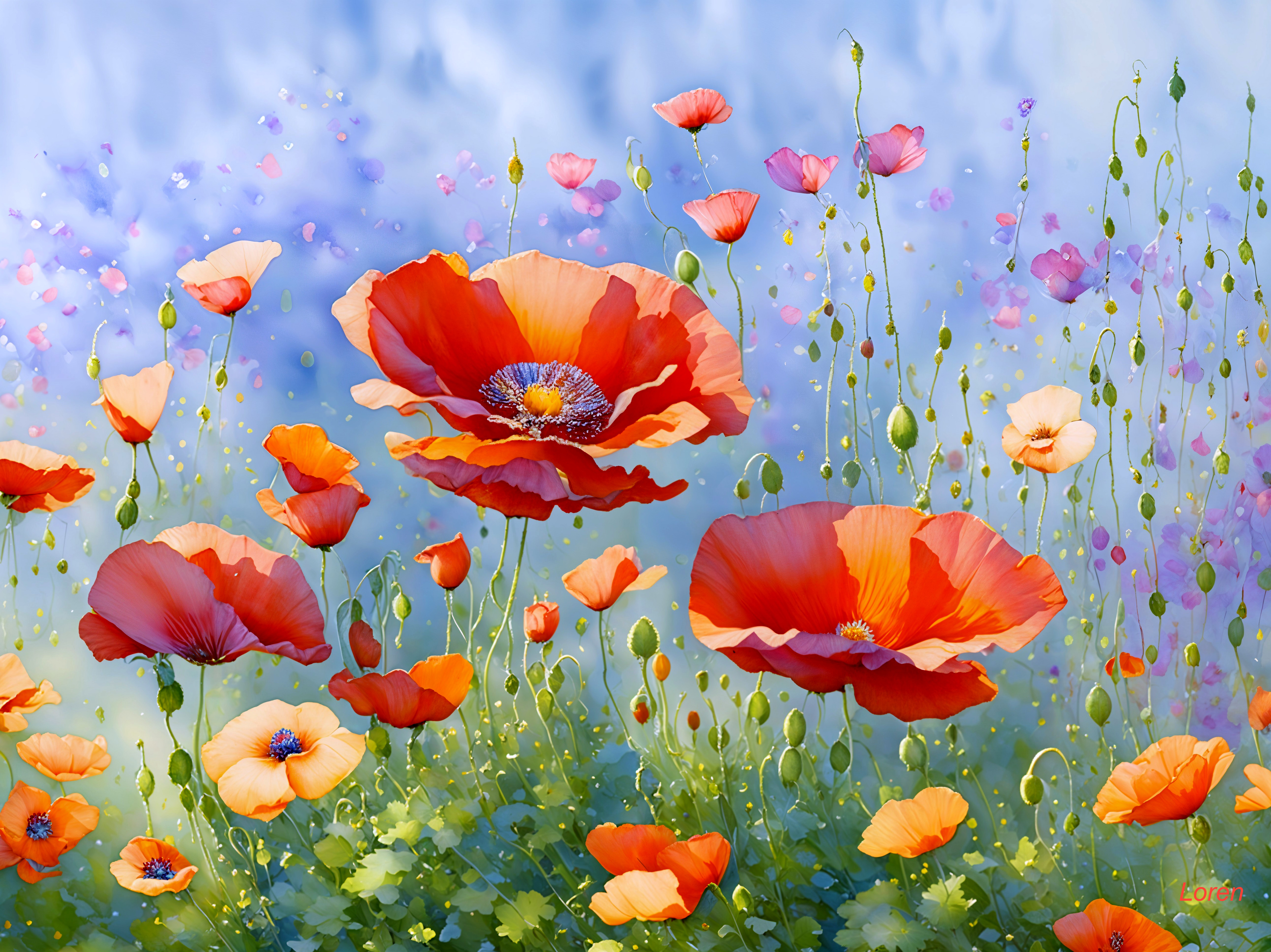 Vibrant Field of Blooming Poppies in Soft Blue Background