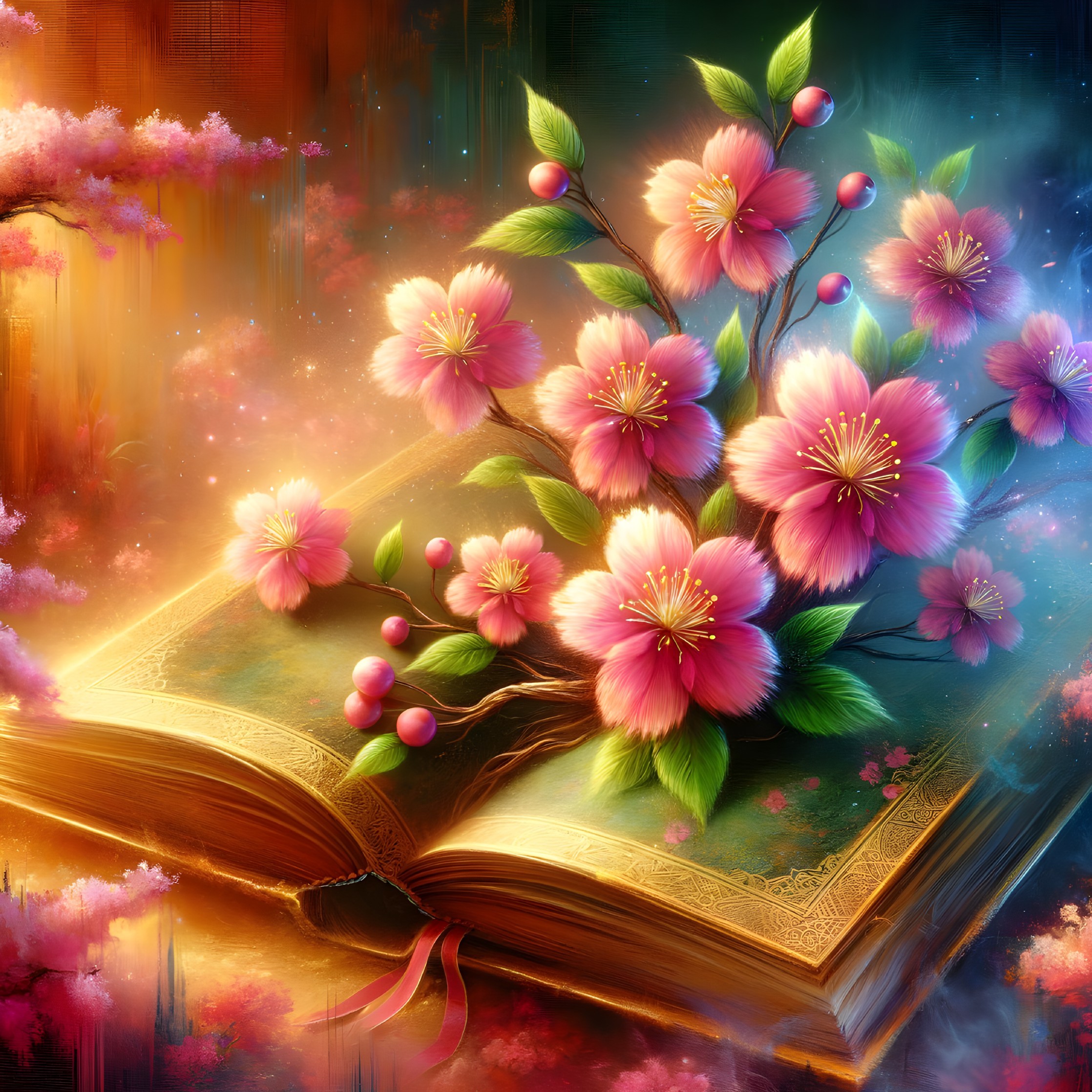 Enchanted Book Surrounded by Flowers and Foliage