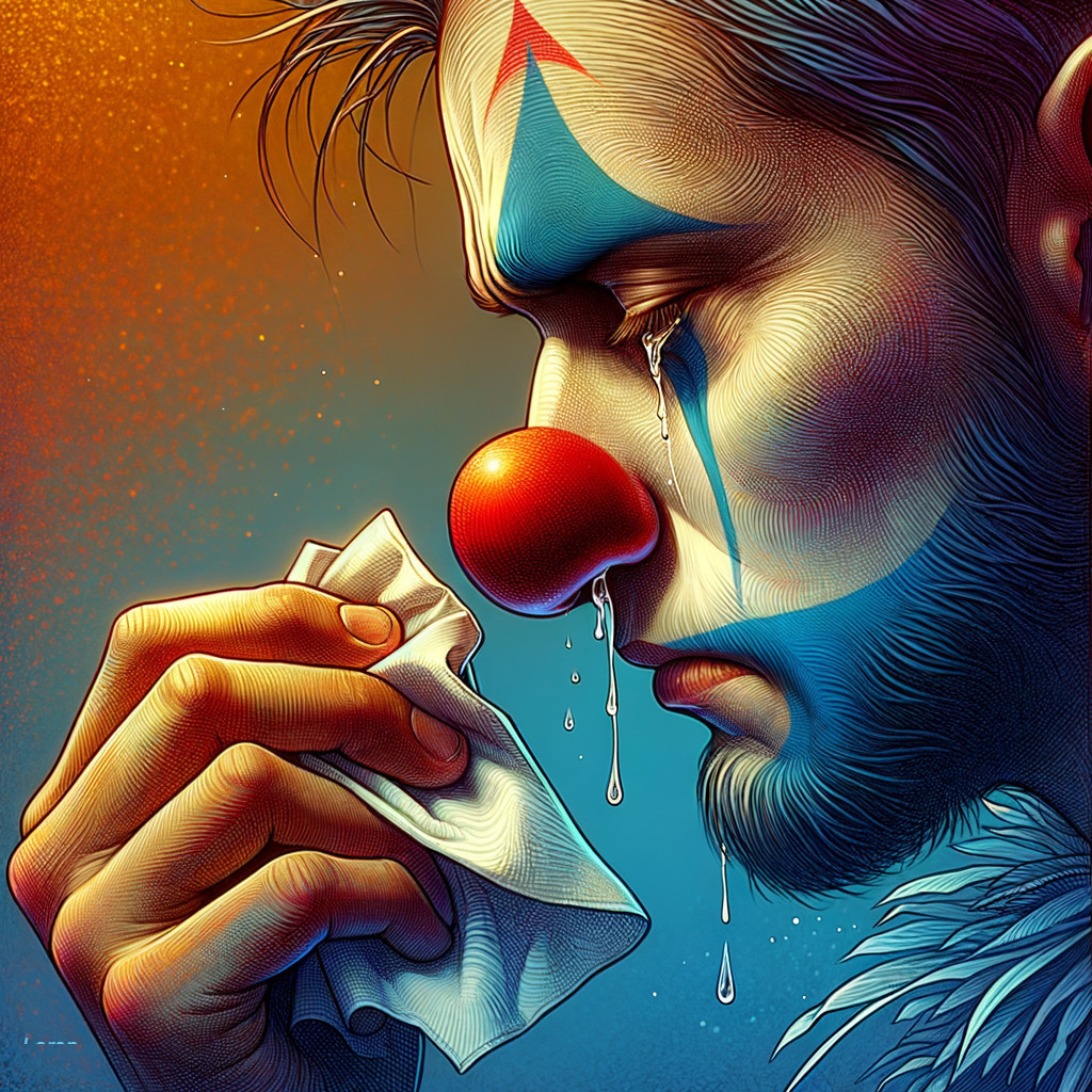Somber Clown Reflecting with Tear and Intricate Makeup