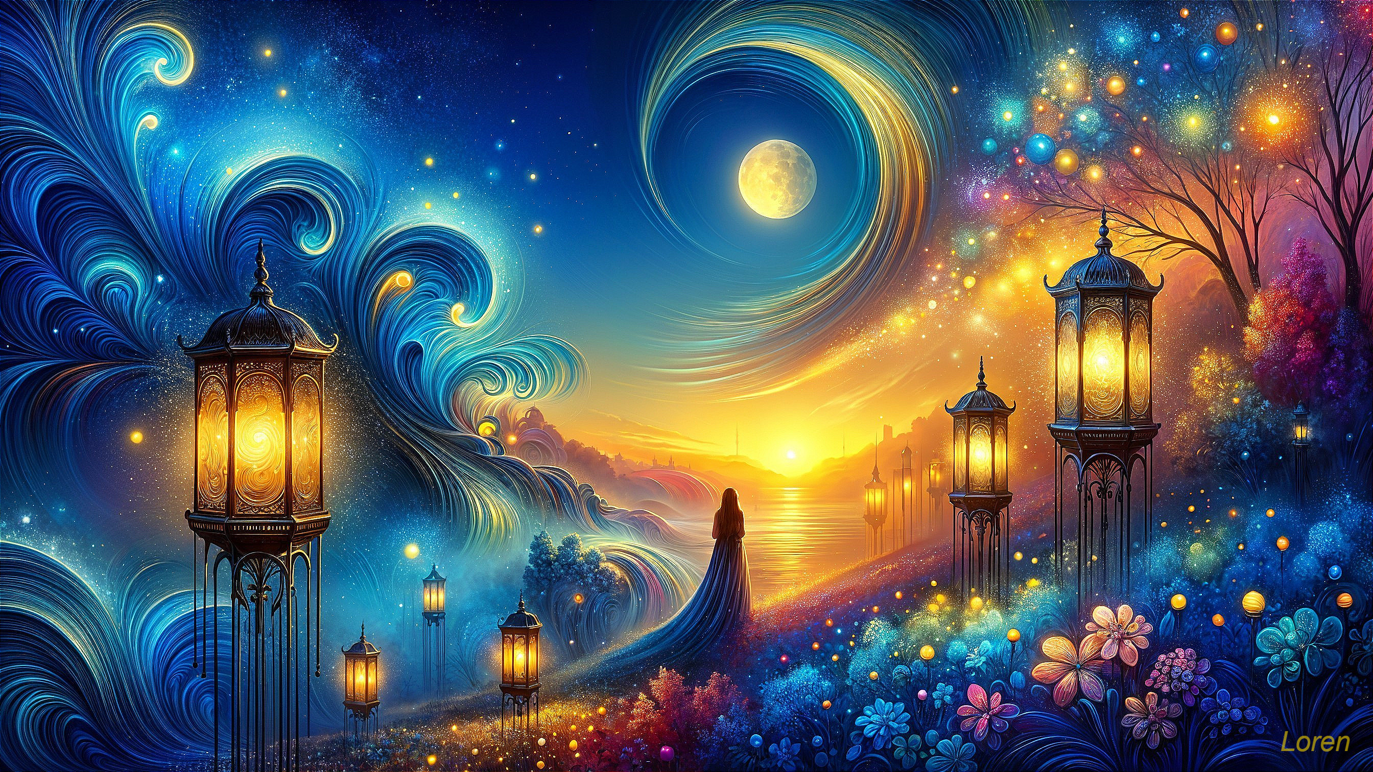 Whimsical Twilight Scene with Moon and Lanterns