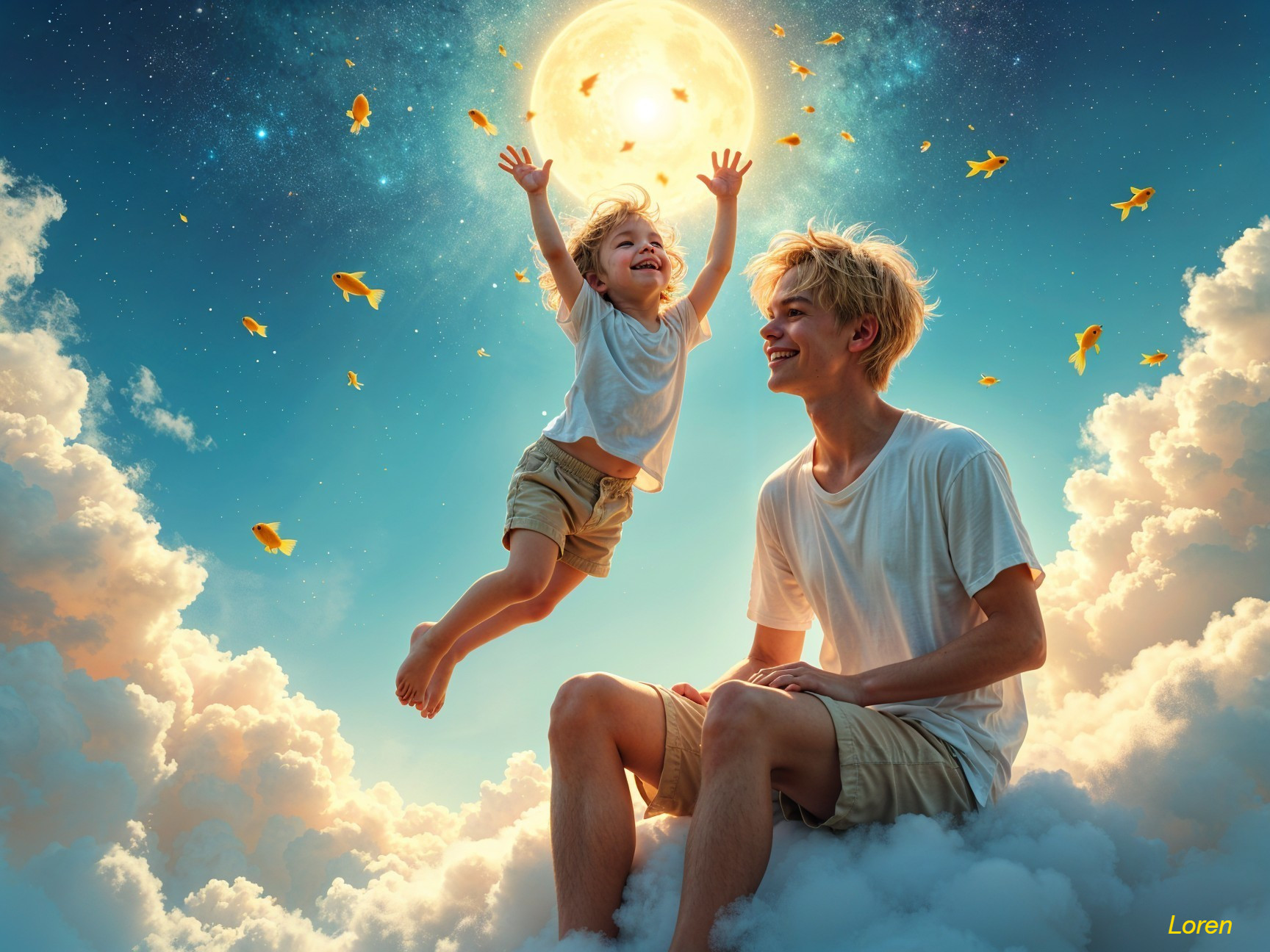 Dreamlike Scene of Child with Butterflies and Moon