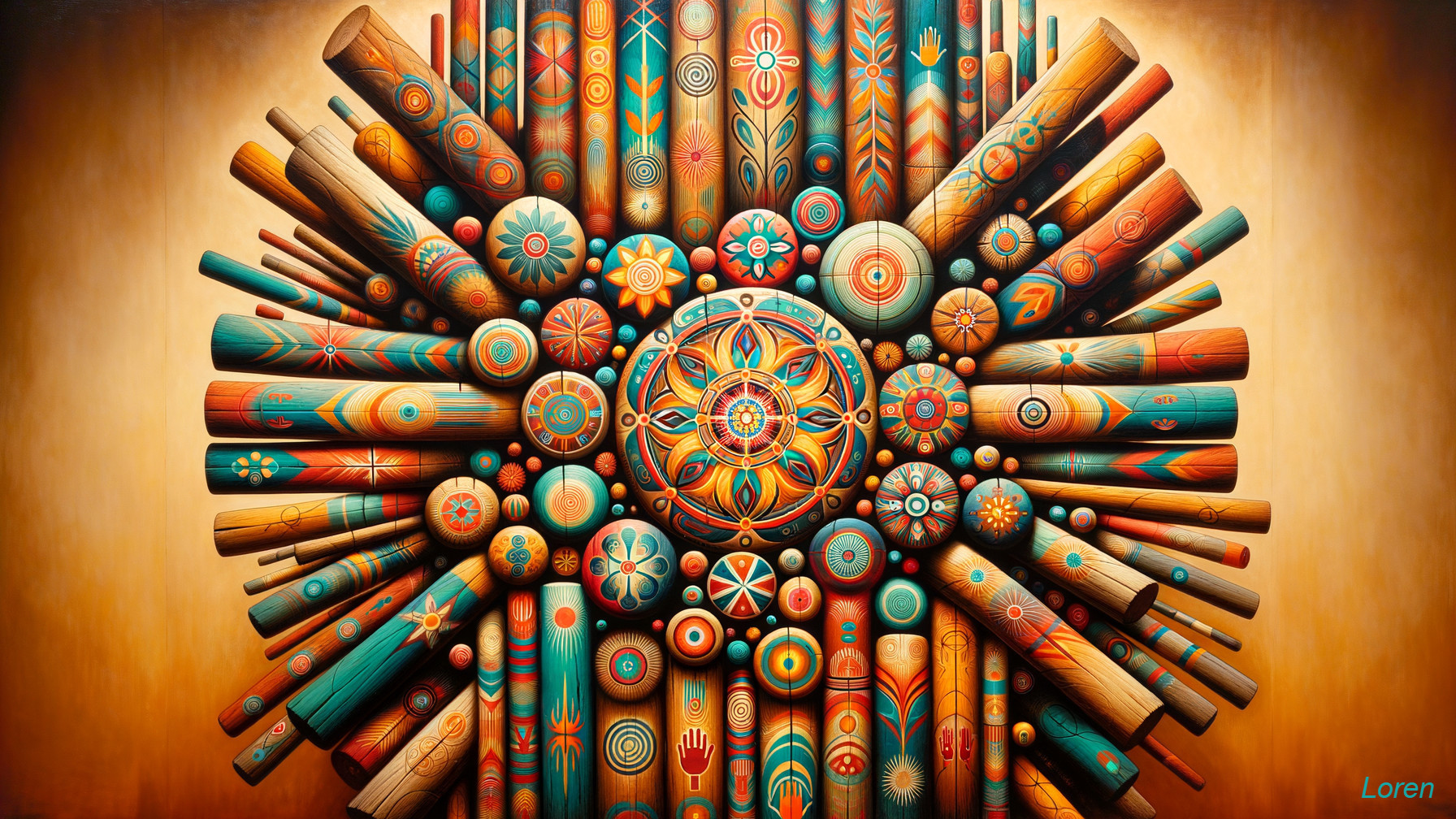 Vibrant Circular Arrangement of Painted Wooden Cylinders