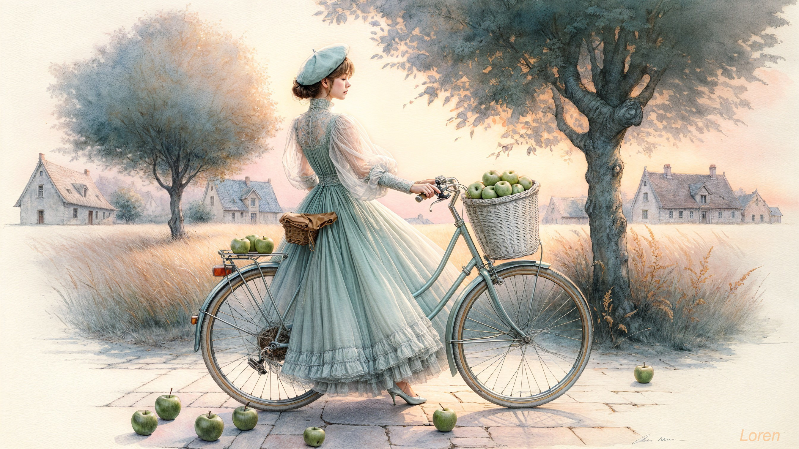 Young Woman in Pastel Dress by Vintage Bicycle