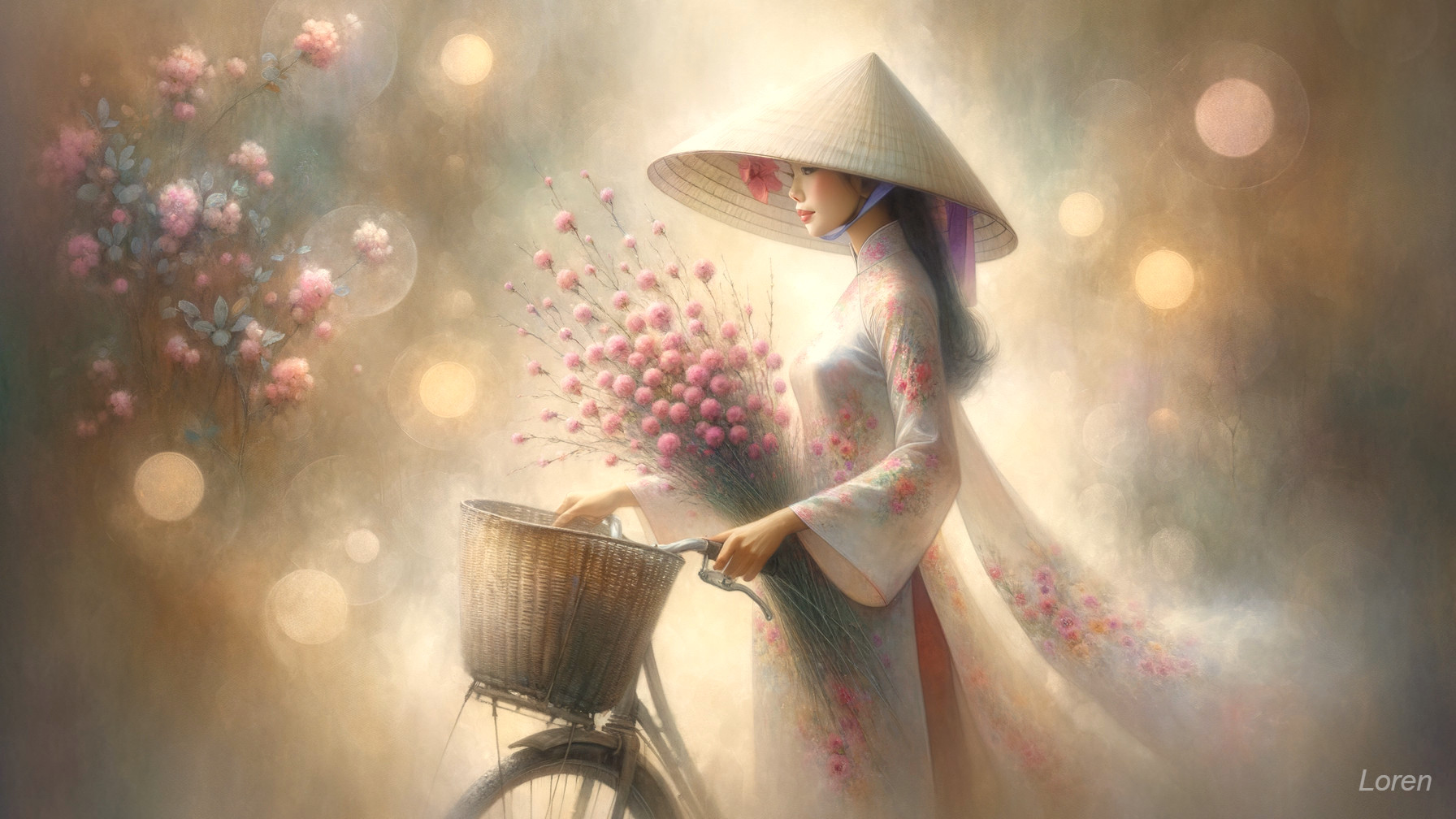 Vietnamese Woman in Áo Dài with Flowers and Bicycle