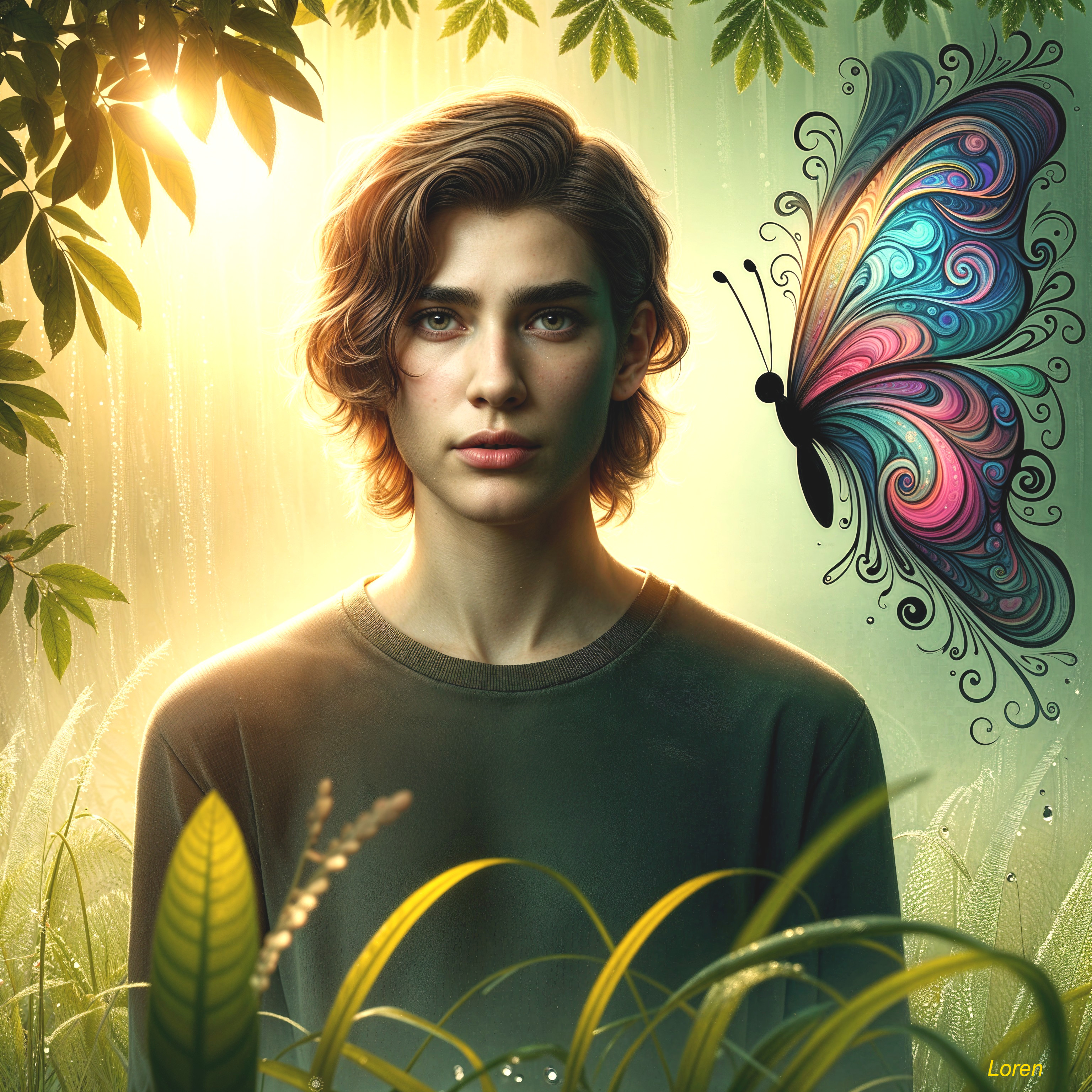 Young Person in Lush Greenery with Butterfly