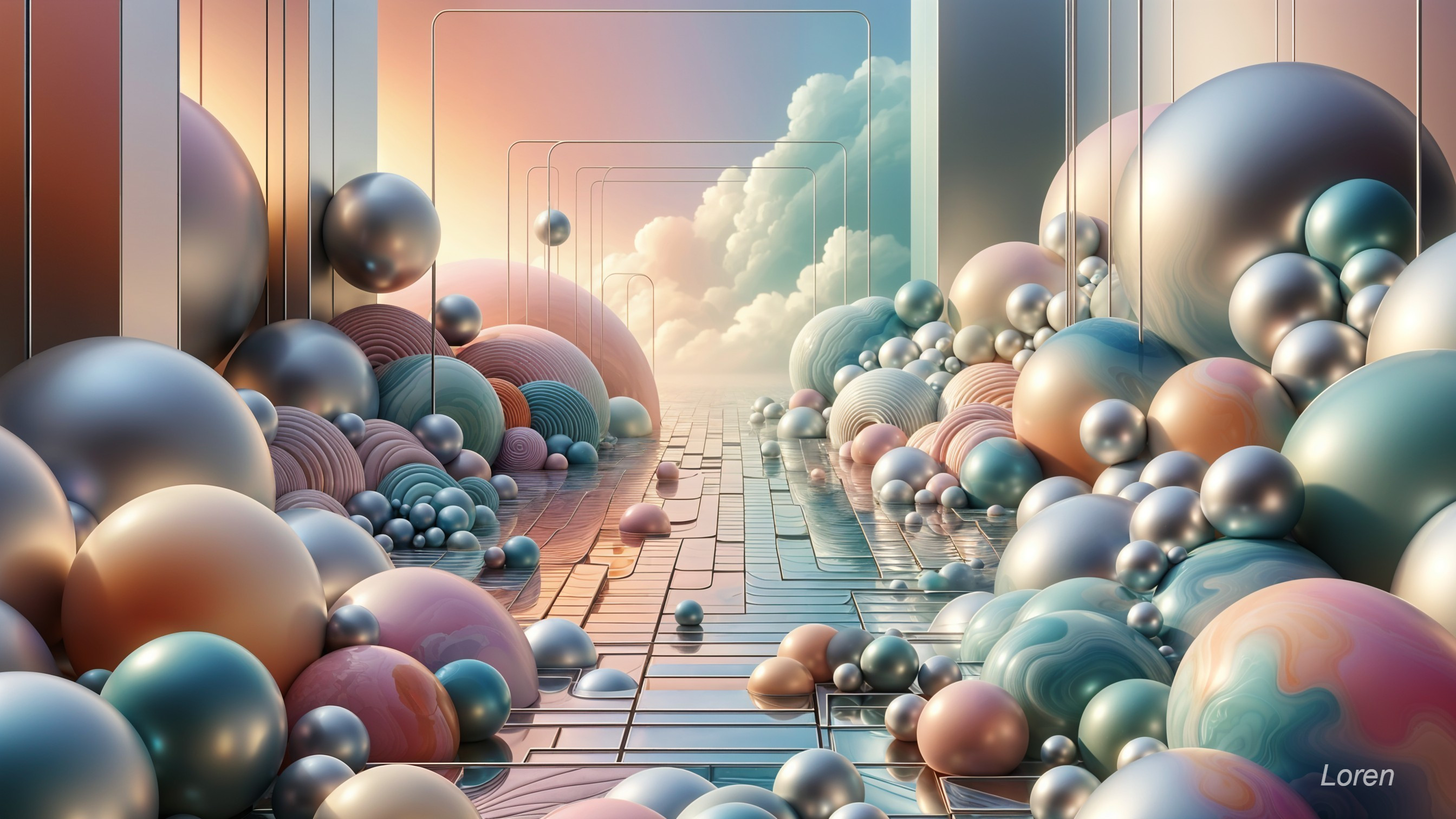 Surreal Landscape with Glossy Spheres and Mirrors