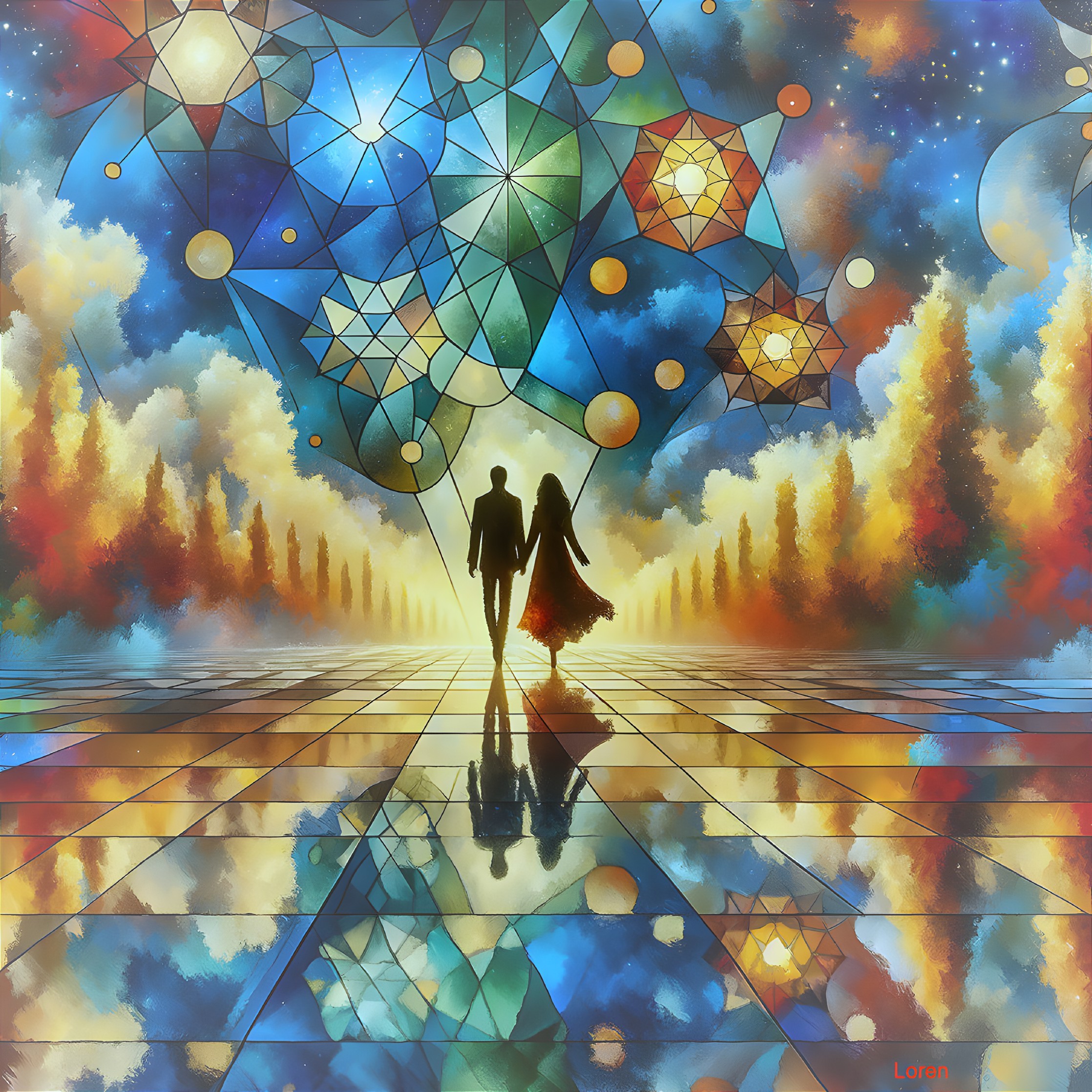 Couple Walking on Reflective Pathway Under Starry Sky