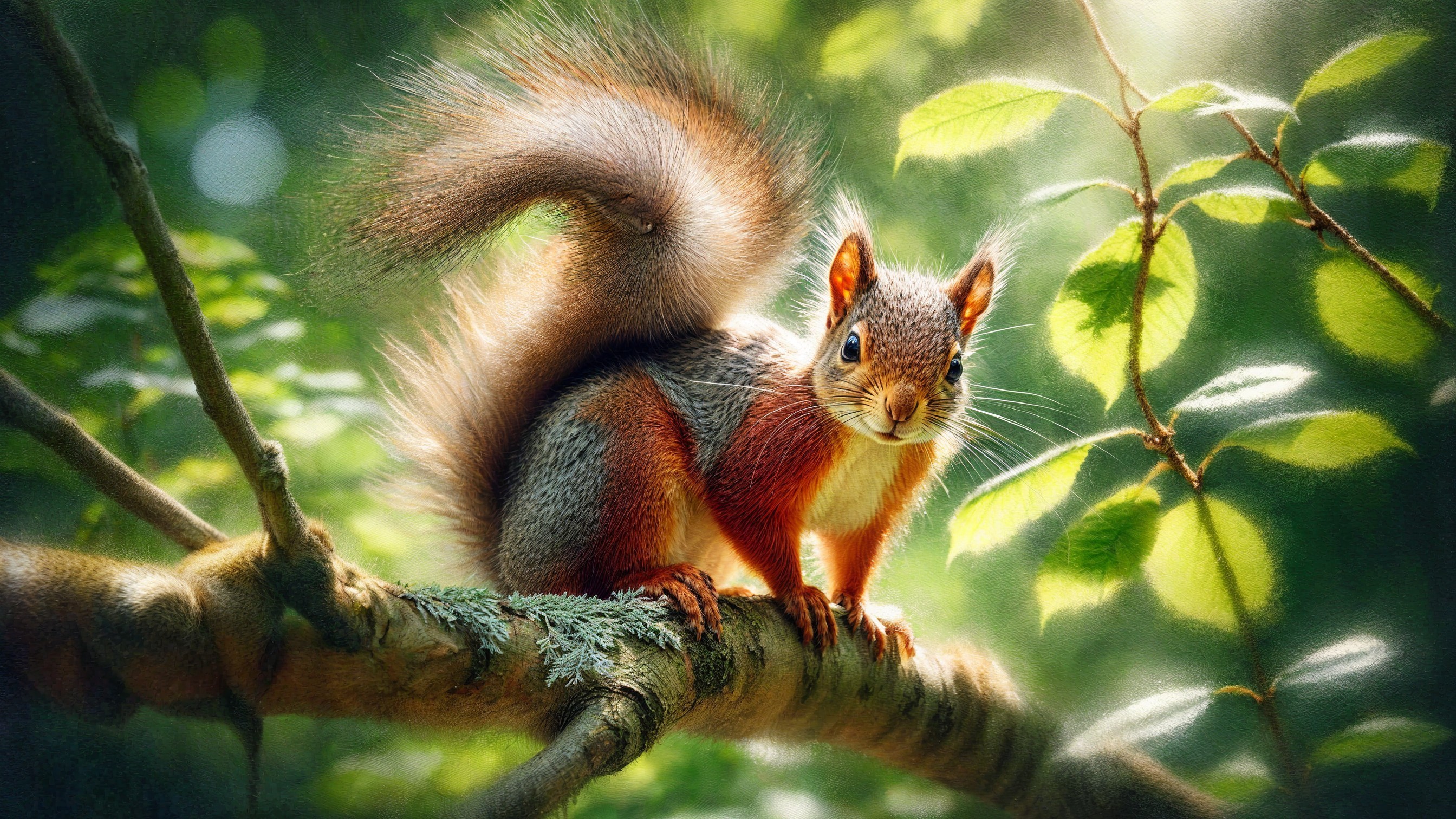 Vibrant Squirrel on Branch in Serene Woodland Setting