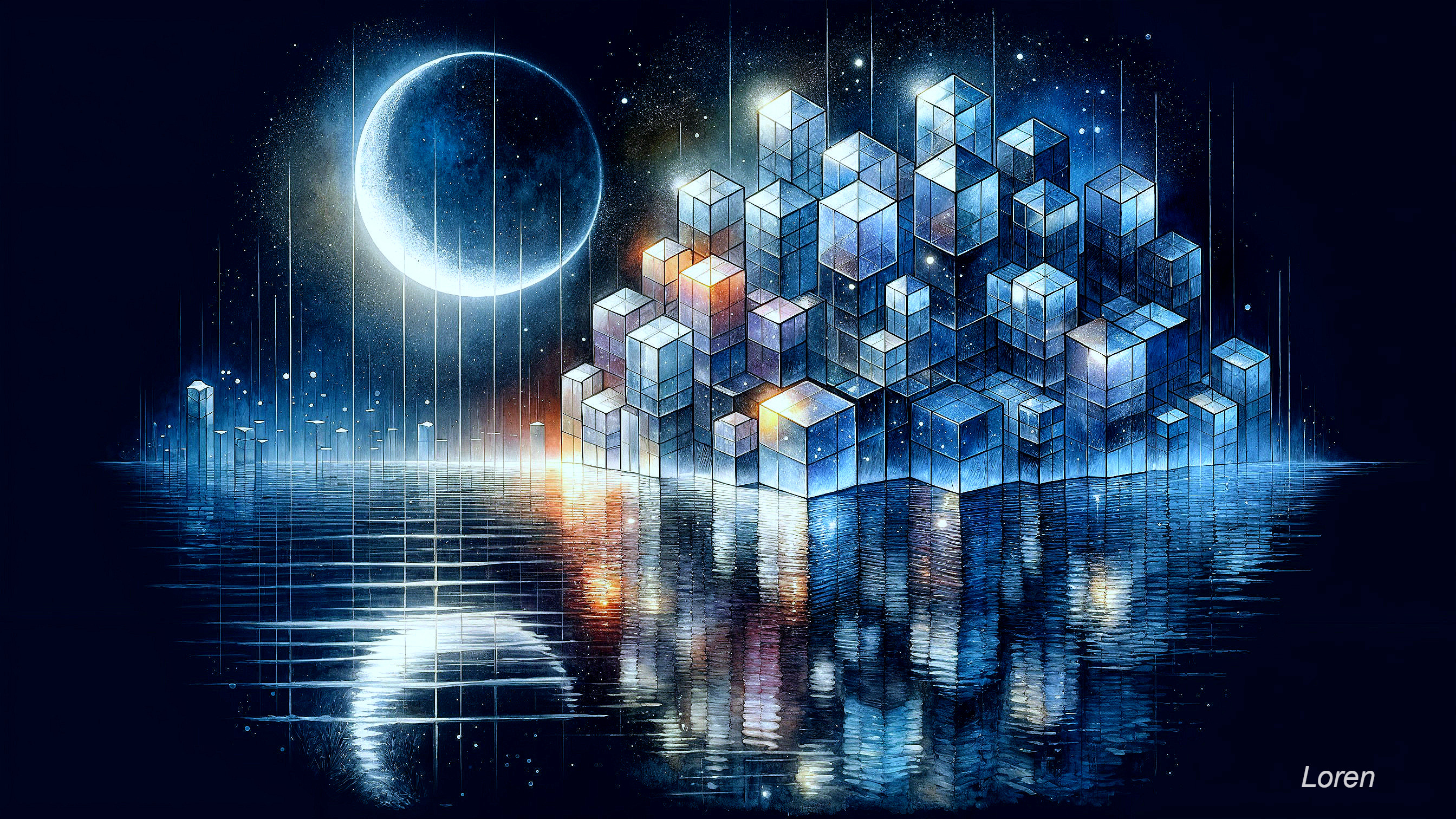 Luminous Cubes Reflecting in a Starry Landscape