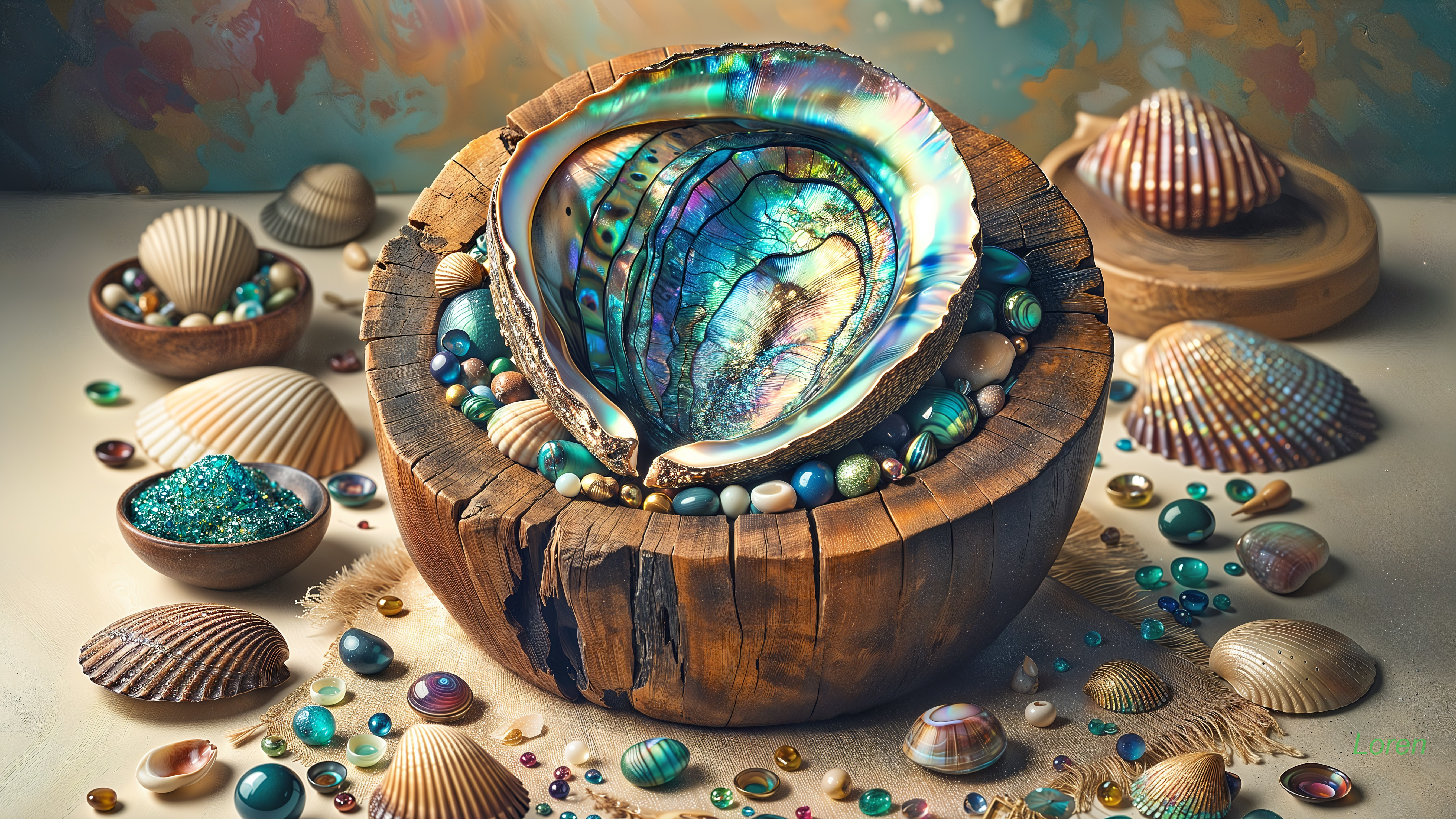 Coastal Display of Oyster Shells and Gemstones