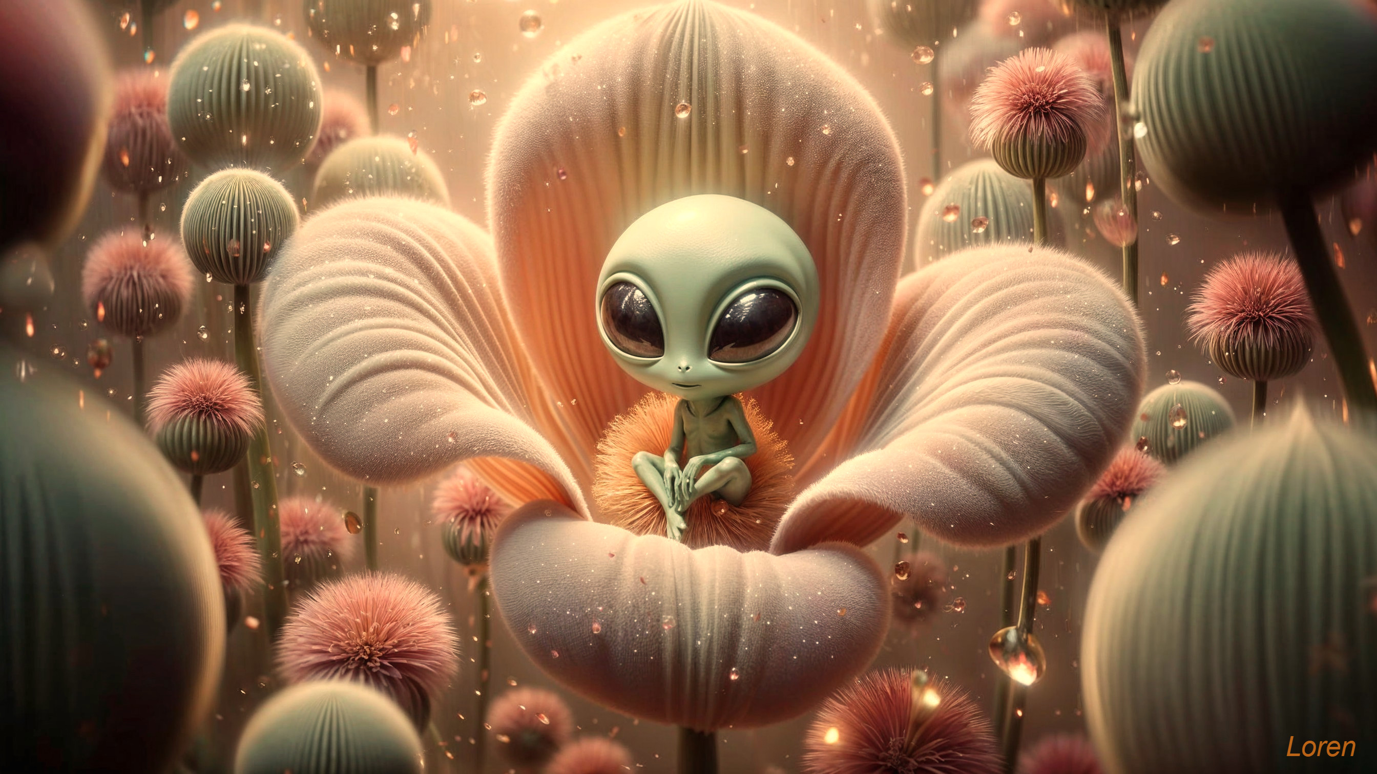 Whimsical Alien in a Soft Flower Scene