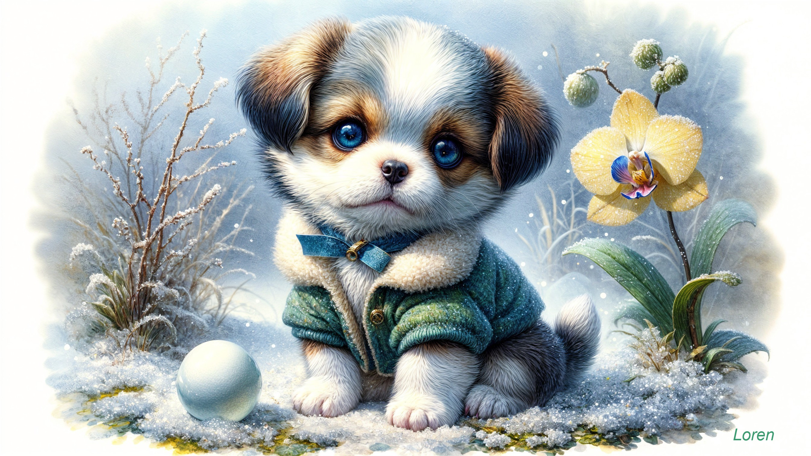 Puppy in Sweater Amid Snow and Yellow Flowers