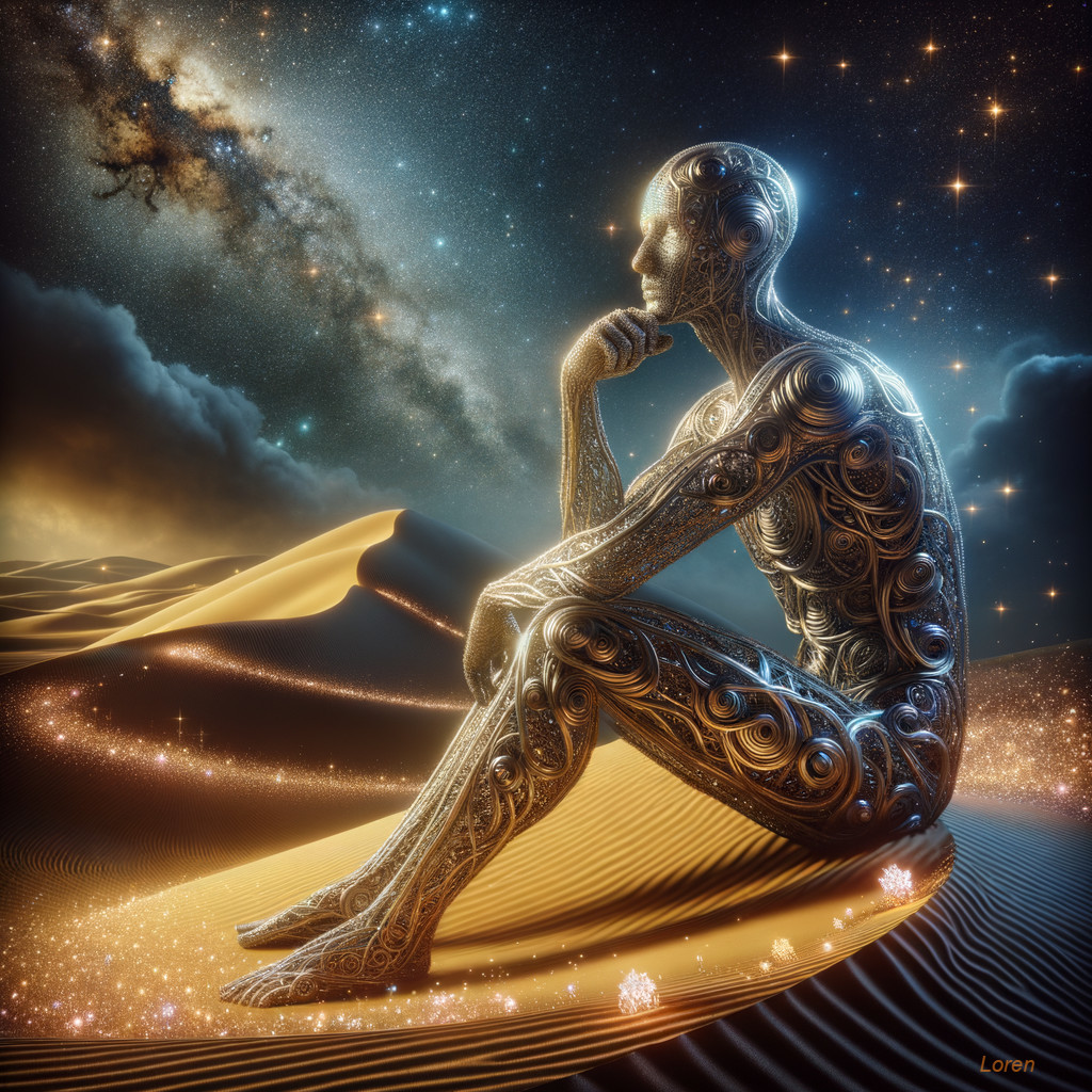 Futuristic humanoid figure in cosmic sandy landscape