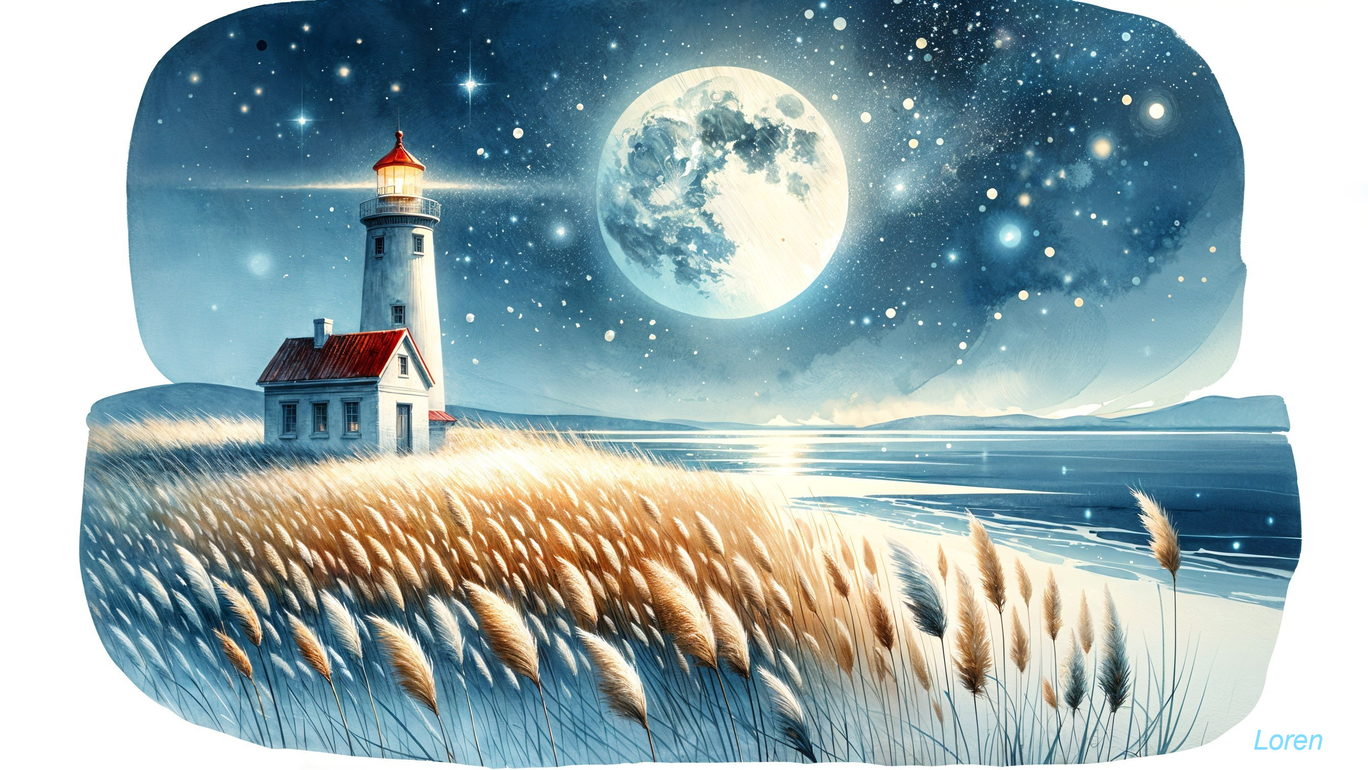 Lighthouse on Grassy Shoreline Under Full Moon