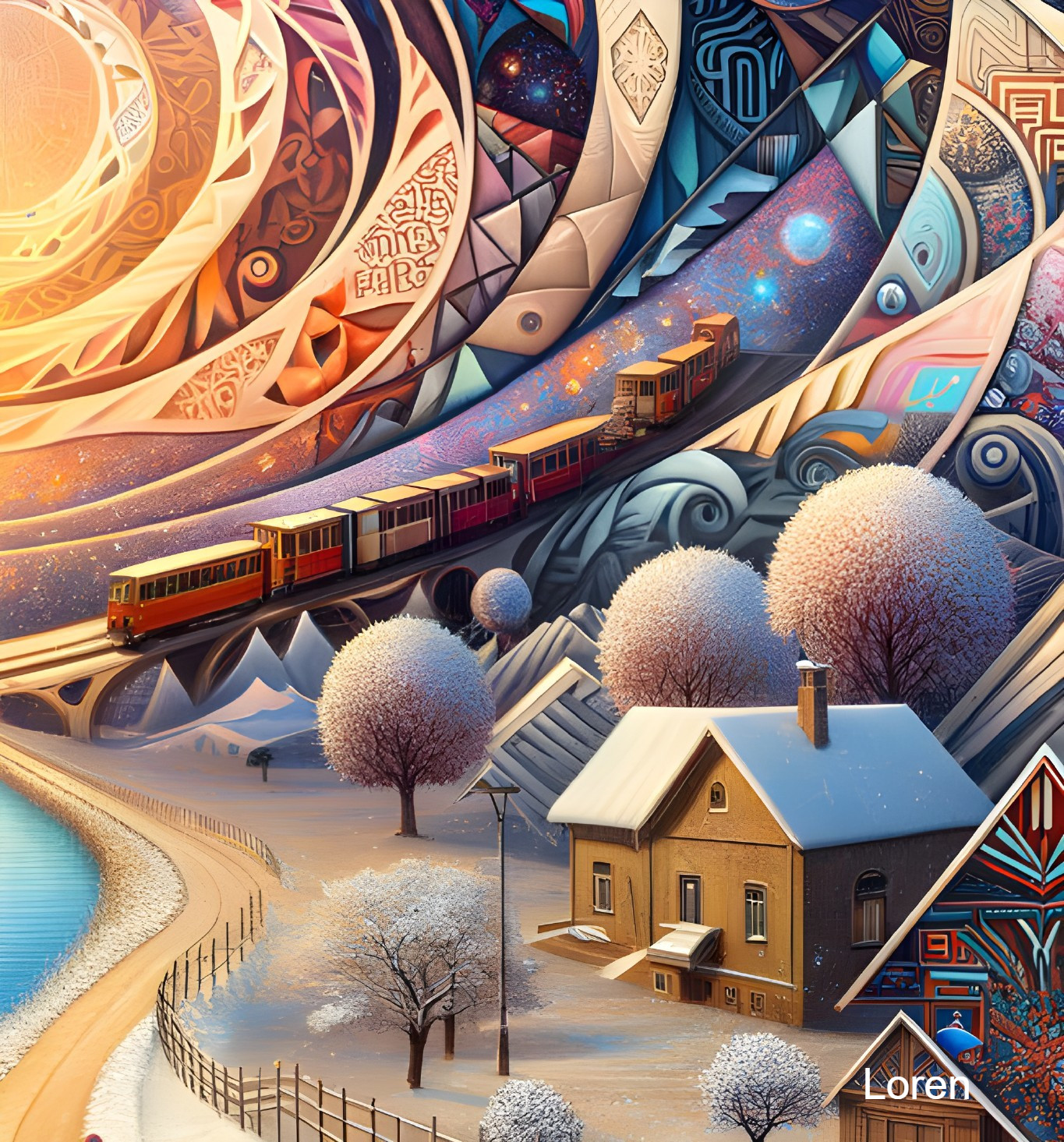 Whimsical Winter Landscape with Curving Railway Train