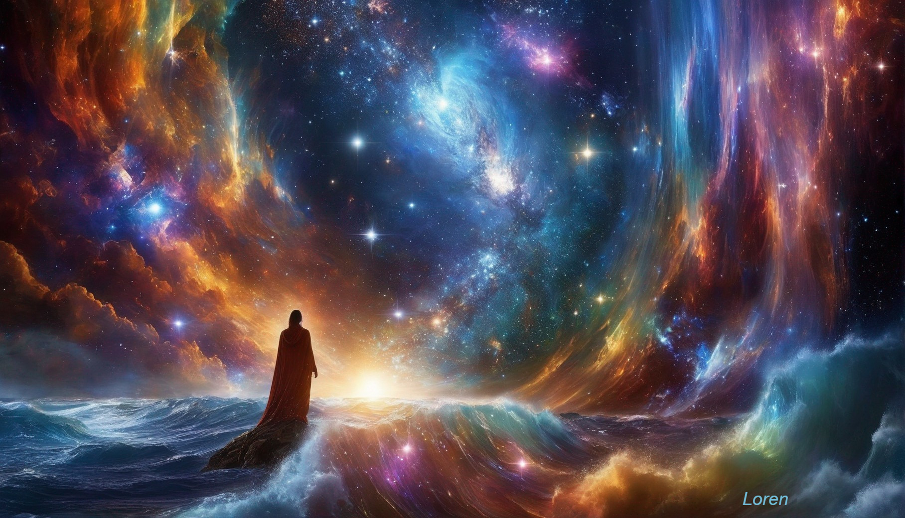 Figure in Red Cloak on Rocky Shores Under Cosmic Sky