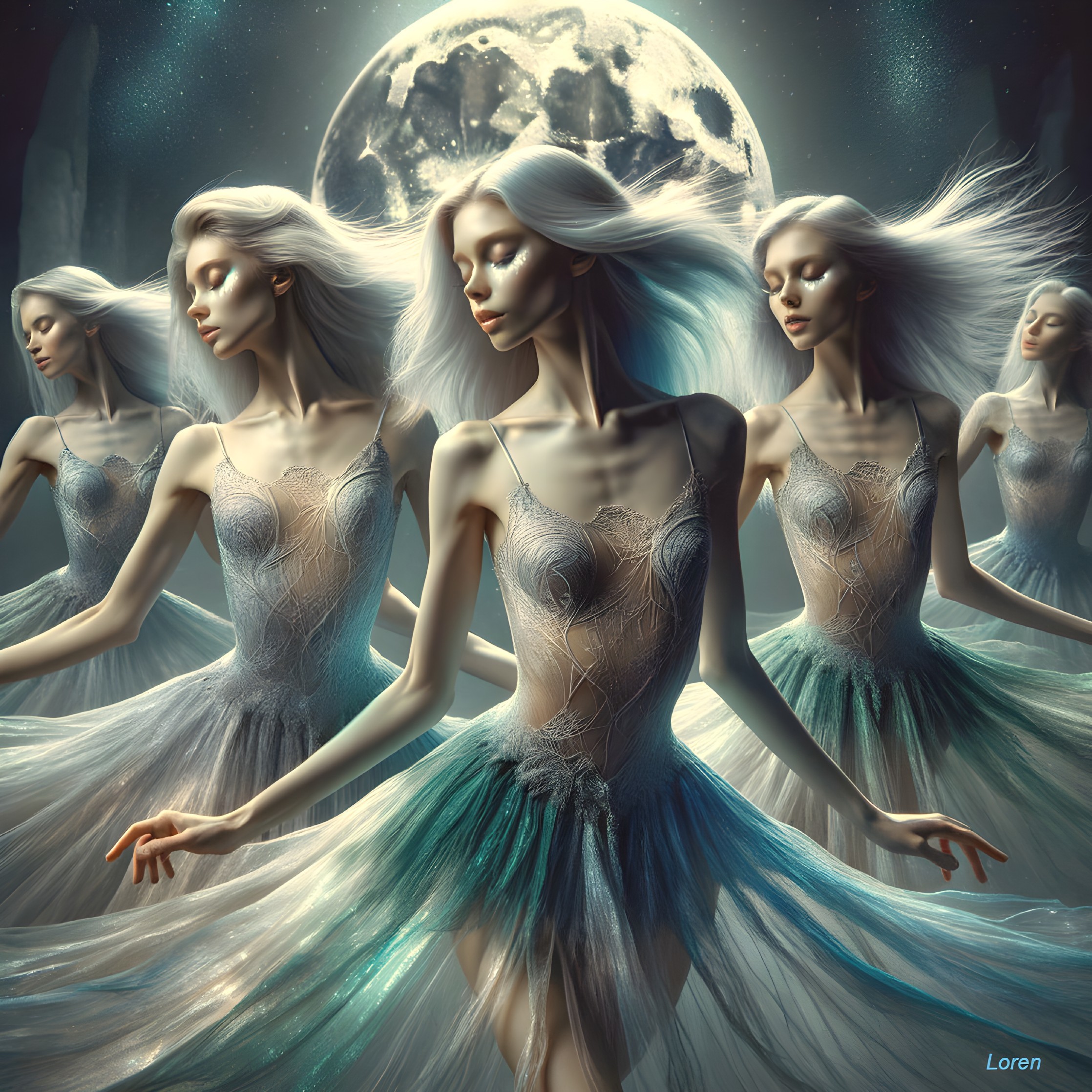 Ethereal Dancers in a Dreamlike Moonlit Scene