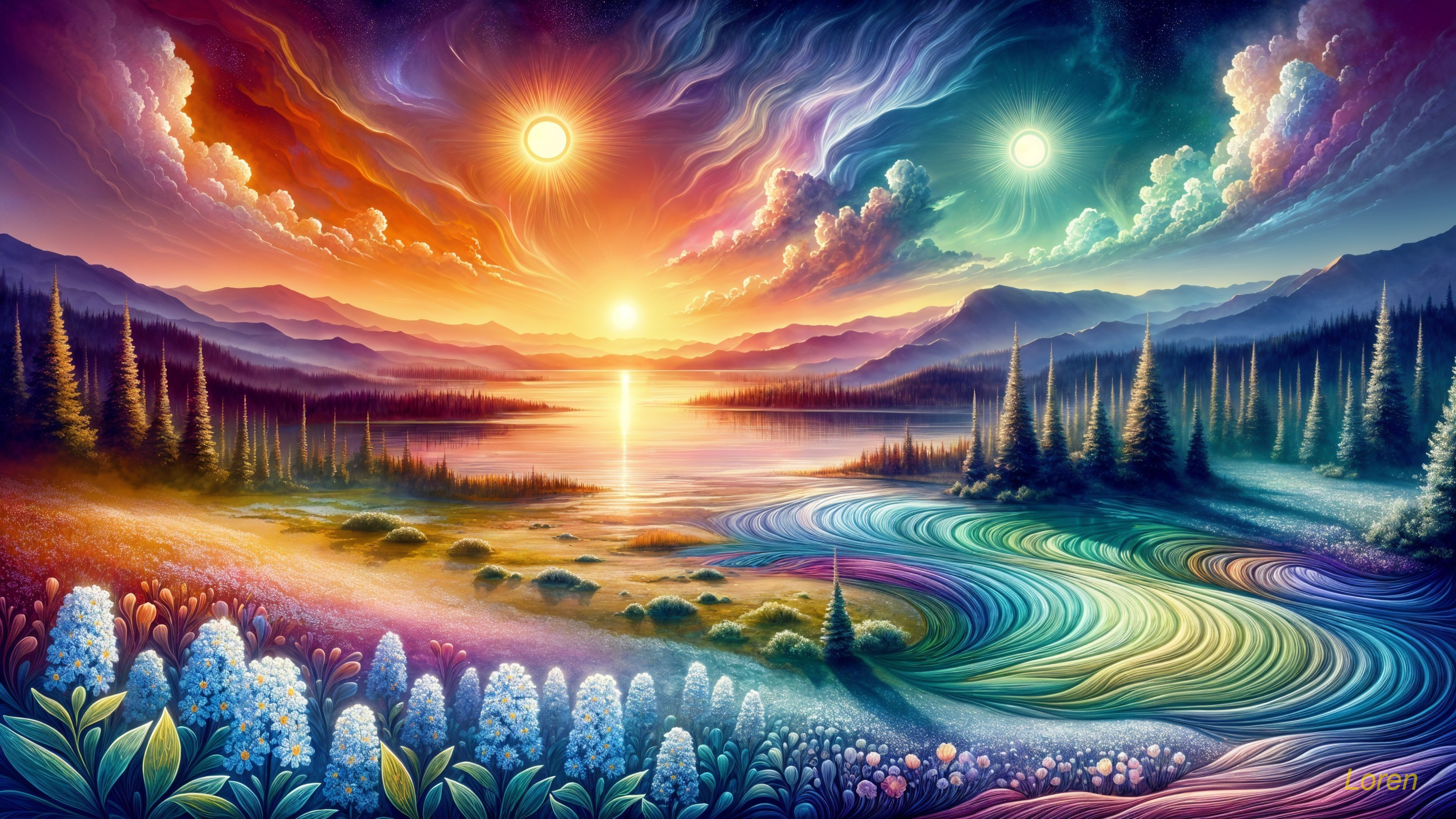 Vibrant Landscape with Lake and Majestic Mountains