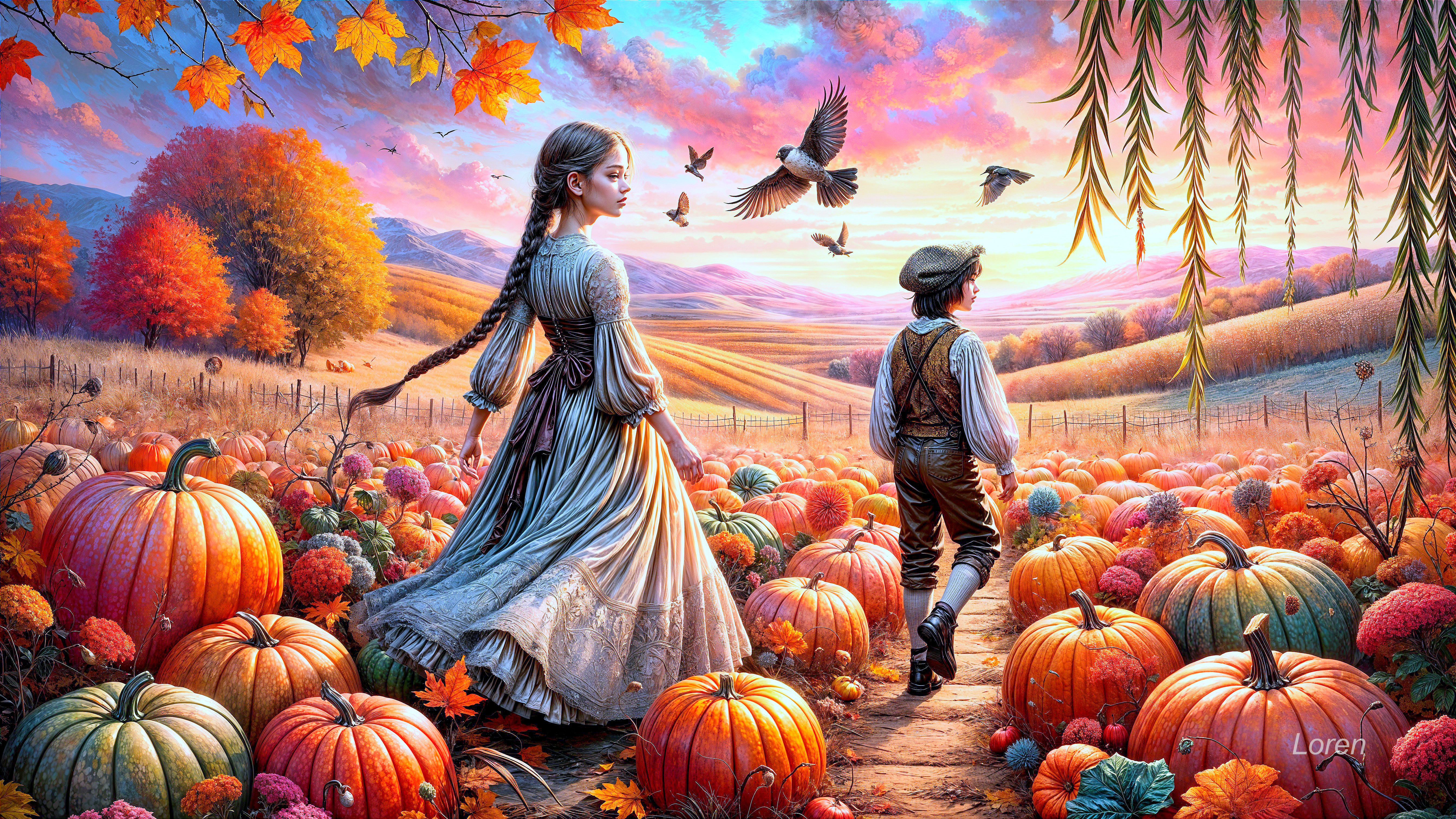 Children in Autumn Landscape with Pumpkins and Foliage