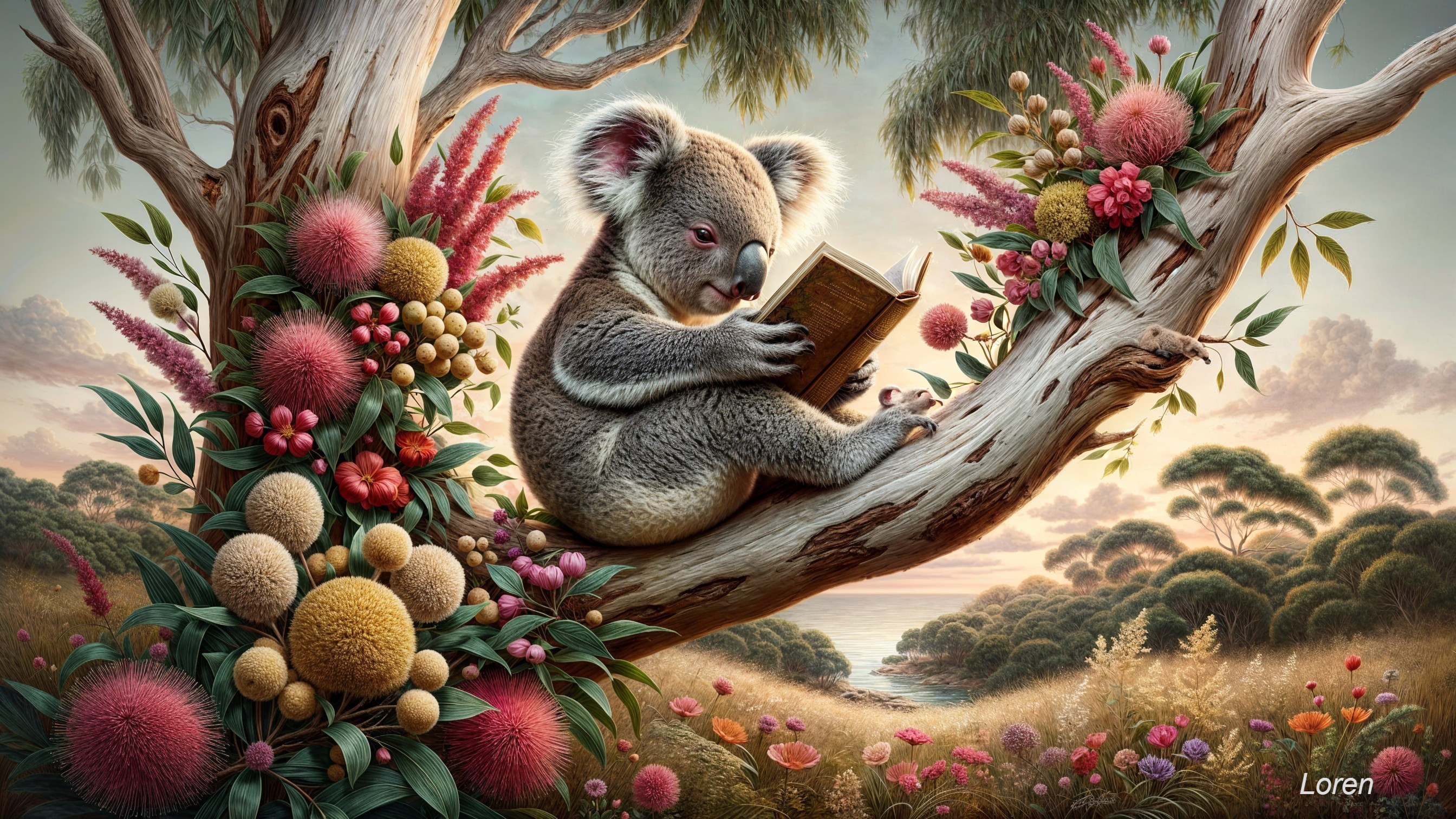 Koala Reading on a Branch Surrounded by Nature